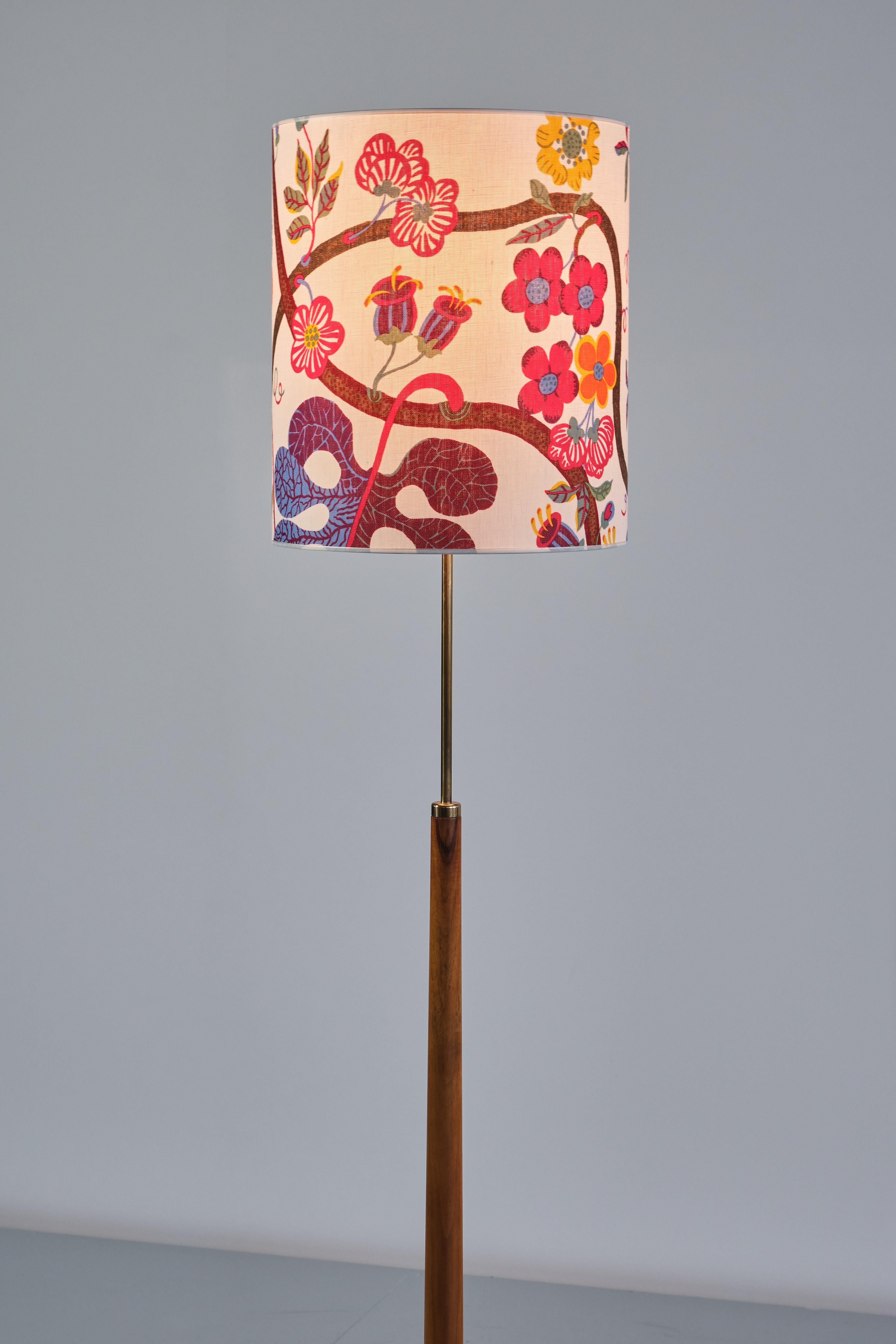 Brass Alf Svensson G34 Floor Lamp in Teak, Josef Frank Shade, Bergboms, Sweden, 1960s For Sale