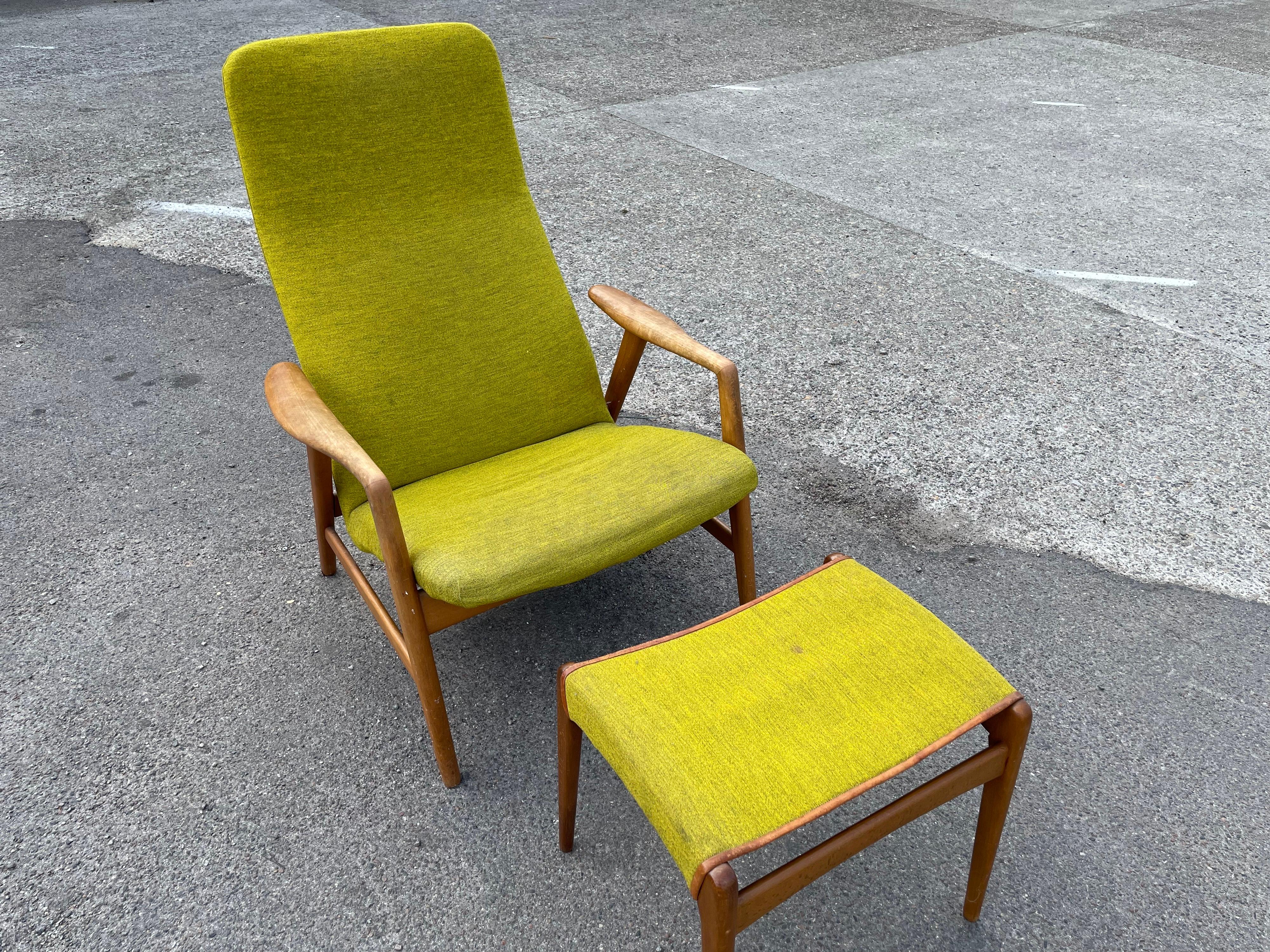 Alf Svensson Kontour Reclining Lounge Chair and Ottoman for Fritz Hansen 1957 In Good Condition In Copenhagen, DK