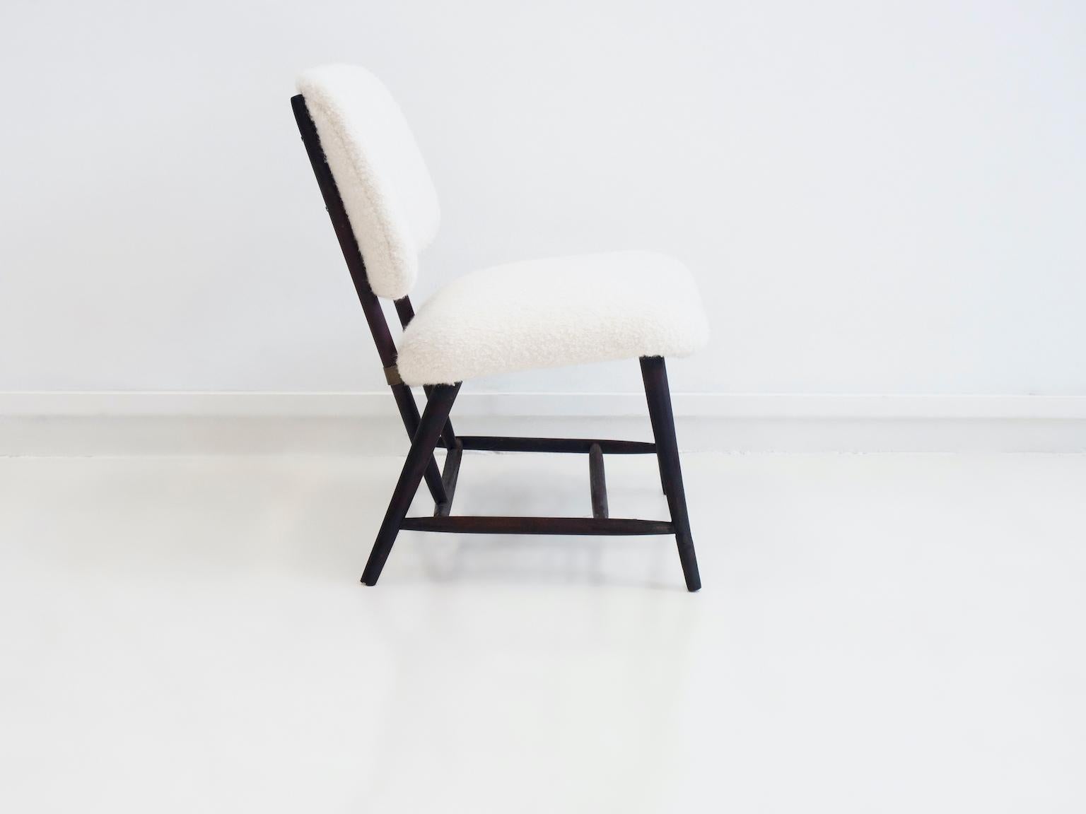 Brass Alf Svensson TeVe Wooden Chair with White Bouclé Fabric Upholstery