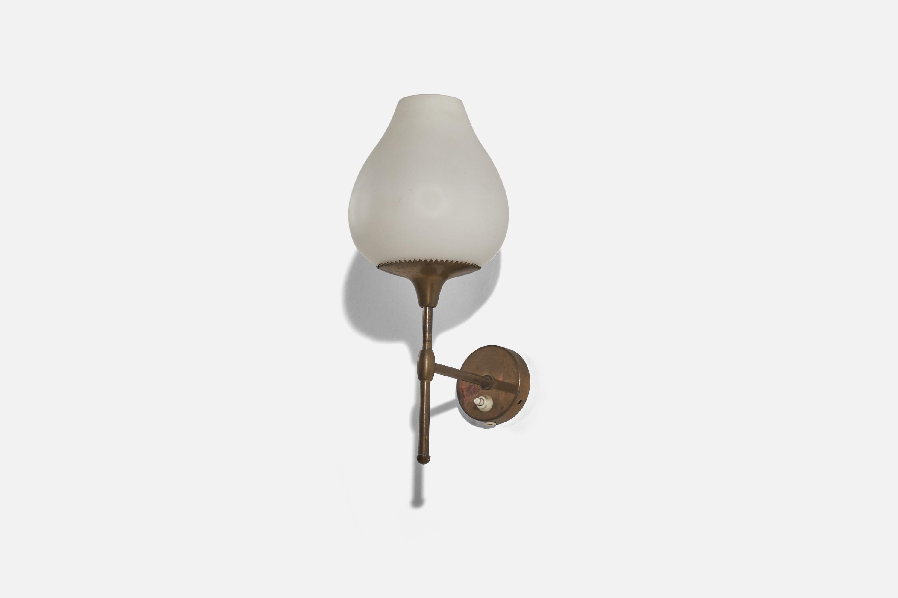 A brass and milk glass wall light designed by Alf Svensson and produced by Bergboms, Sweden, c. 1950s.

Dimensions of back plate (inches) : 2.93 x 2.93 x 0.71 (height x width x depth).

There is no maximum wattage stated on the fixture. 
Socket