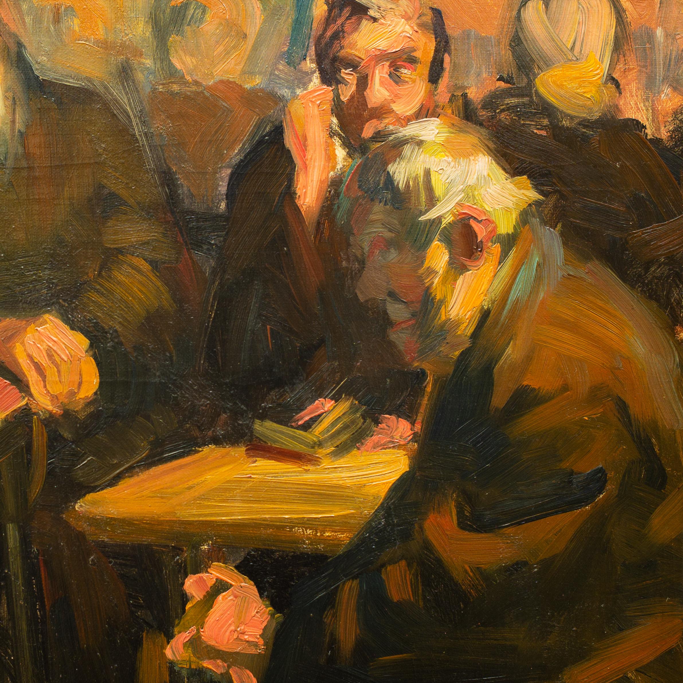 Café Scene by Swedish Artist Alf Wallander, Oil on Board, Signed 3