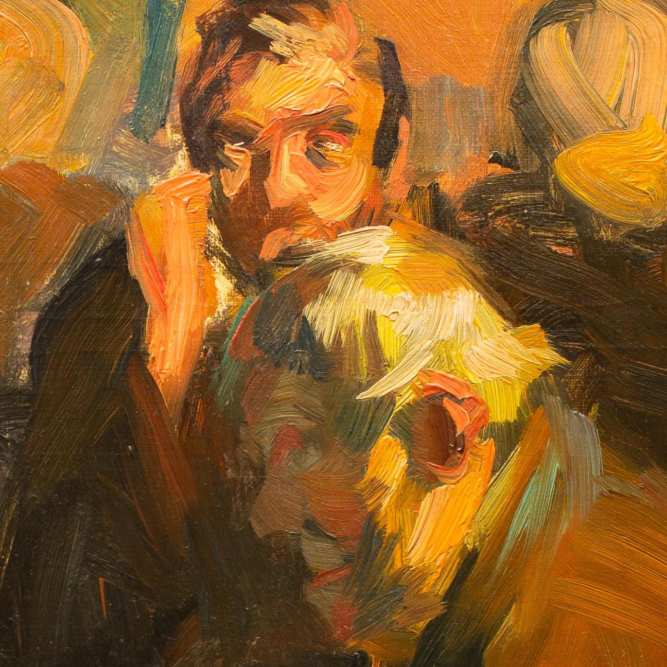 Café Scene by Swedish Artist Alf Wallander, Oil on Board, Signed 6