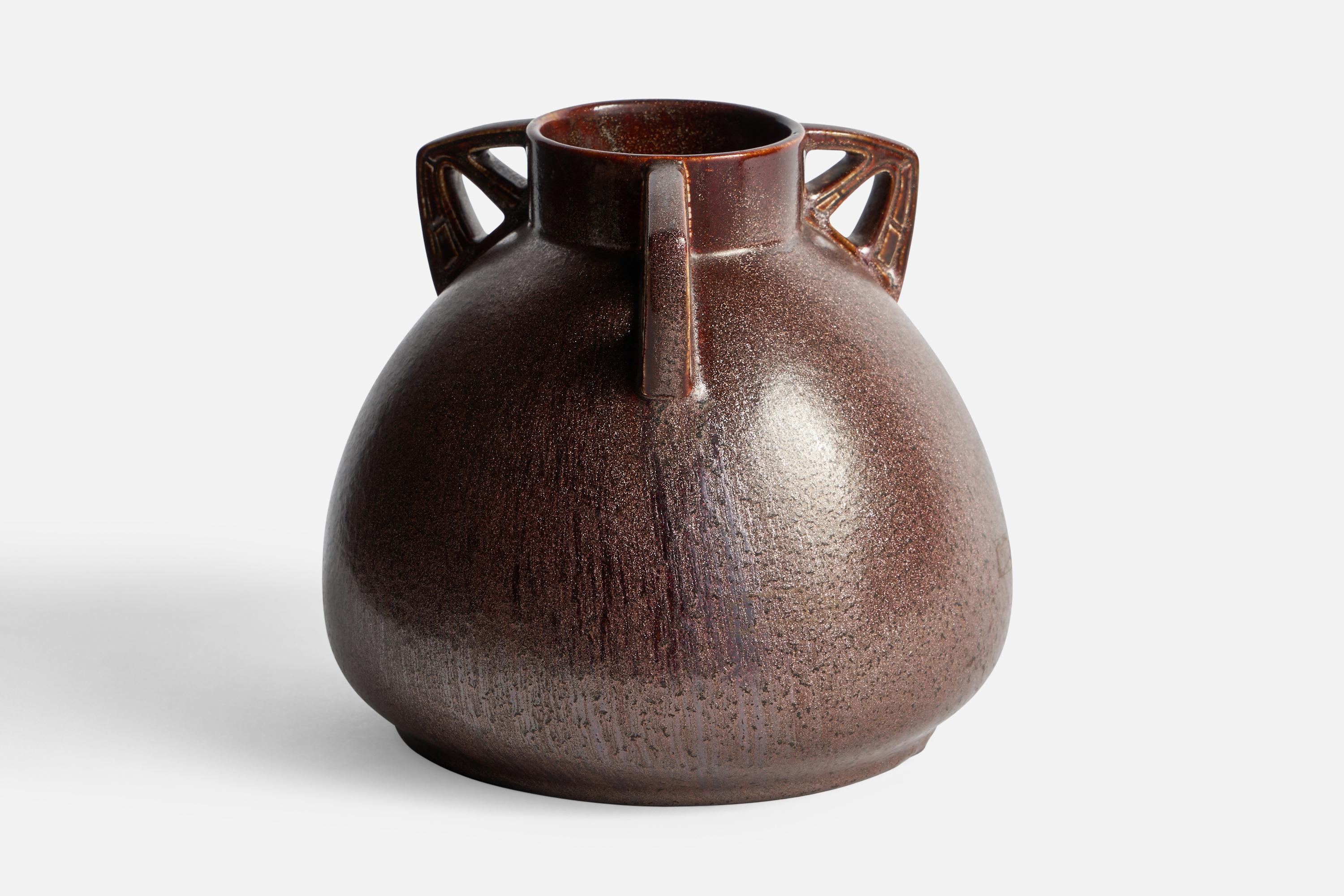 A brown-glazed ceramic vase designed by Alf Wallander and produced by Rörstrand, Sweden, 1910s.