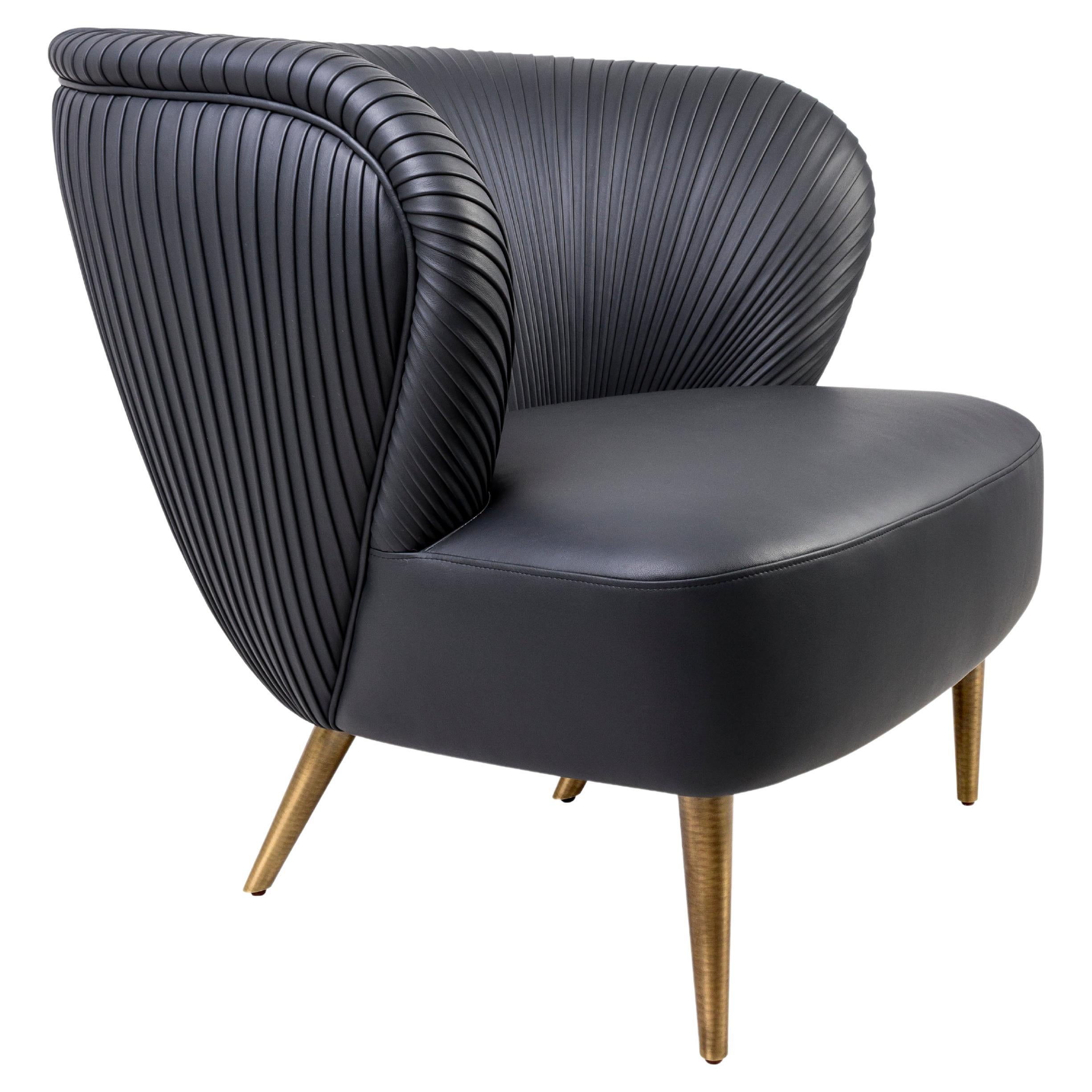 Alfama Armchair, Upholstered in Leather, Feet in Oxidized Brushed Brass For Sale