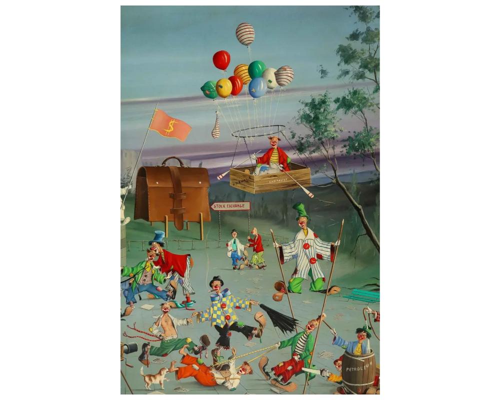 Alfano Dardari - Peinture de clowns surréalistes - Wall Street Stock Market - Huile sur toile Bon état - En vente à New York, NY