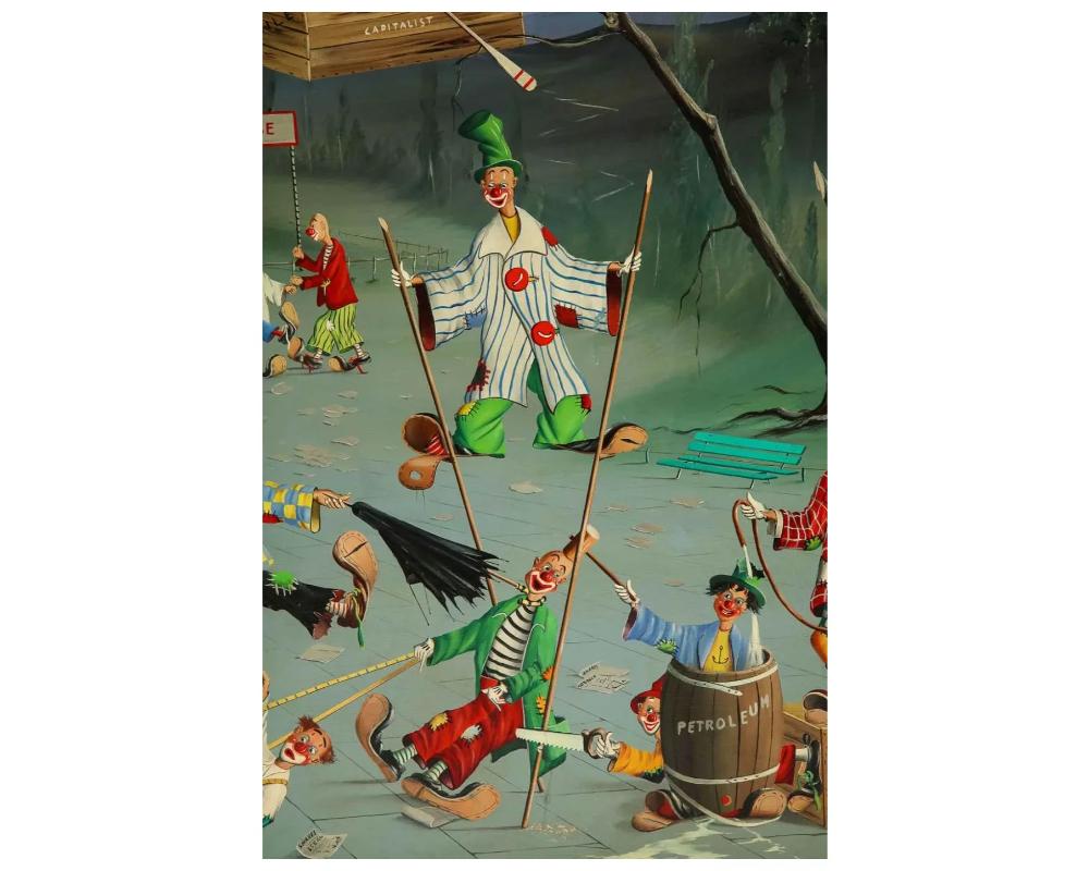 20ième siècle Alfano Dardari - Peinture de clowns surréalistes - Wall Street Stock Market - Huile sur toile en vente