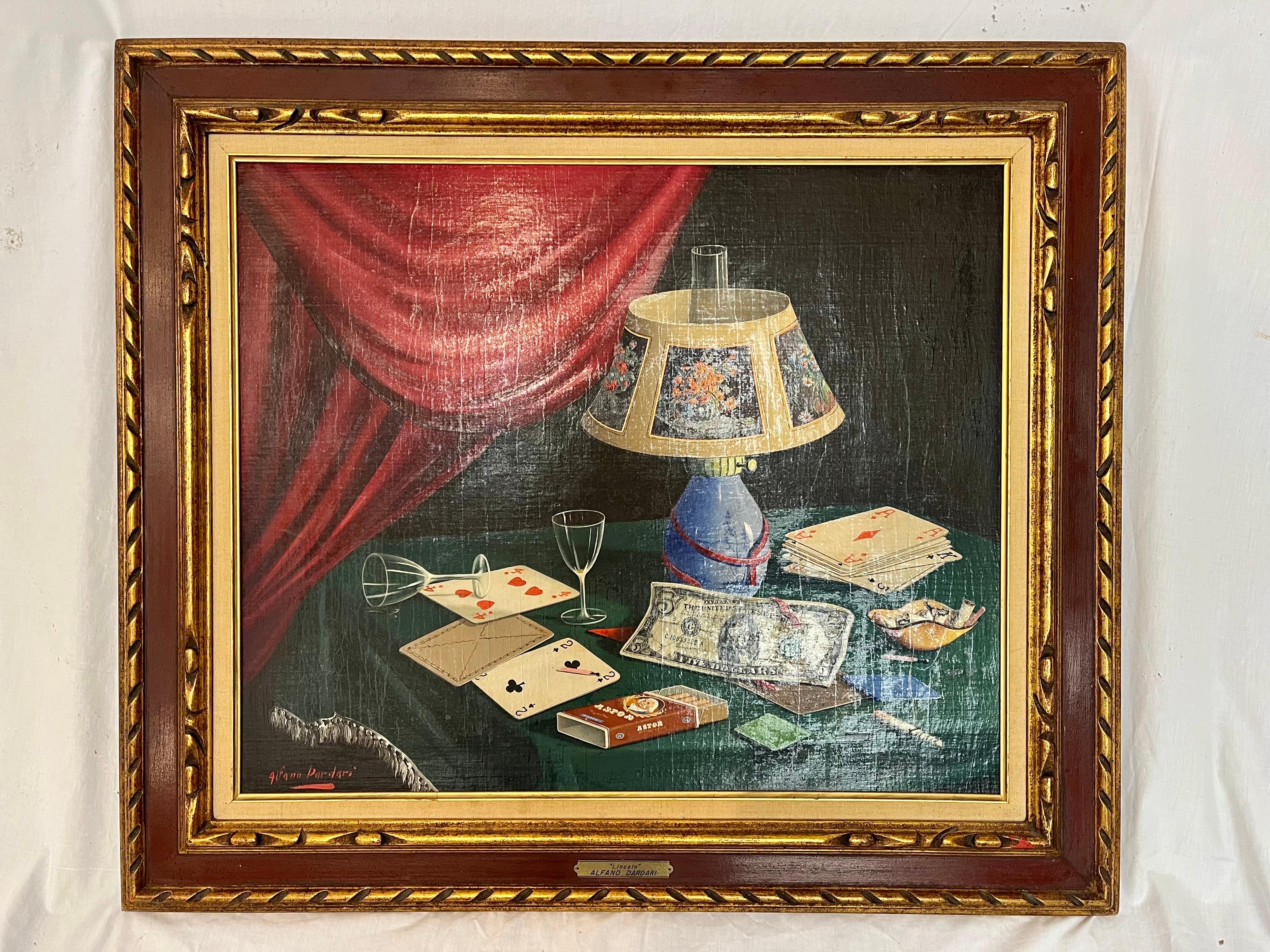 A stunning trompe l'oeil (fool the eye) mid 20th century Italian oil painting by artist Alfano Dardari. This work depicts the after effects of a late night. Gambling. Drinking. Smoking. Vice. And do you see a thread through all of this? I do. Mind