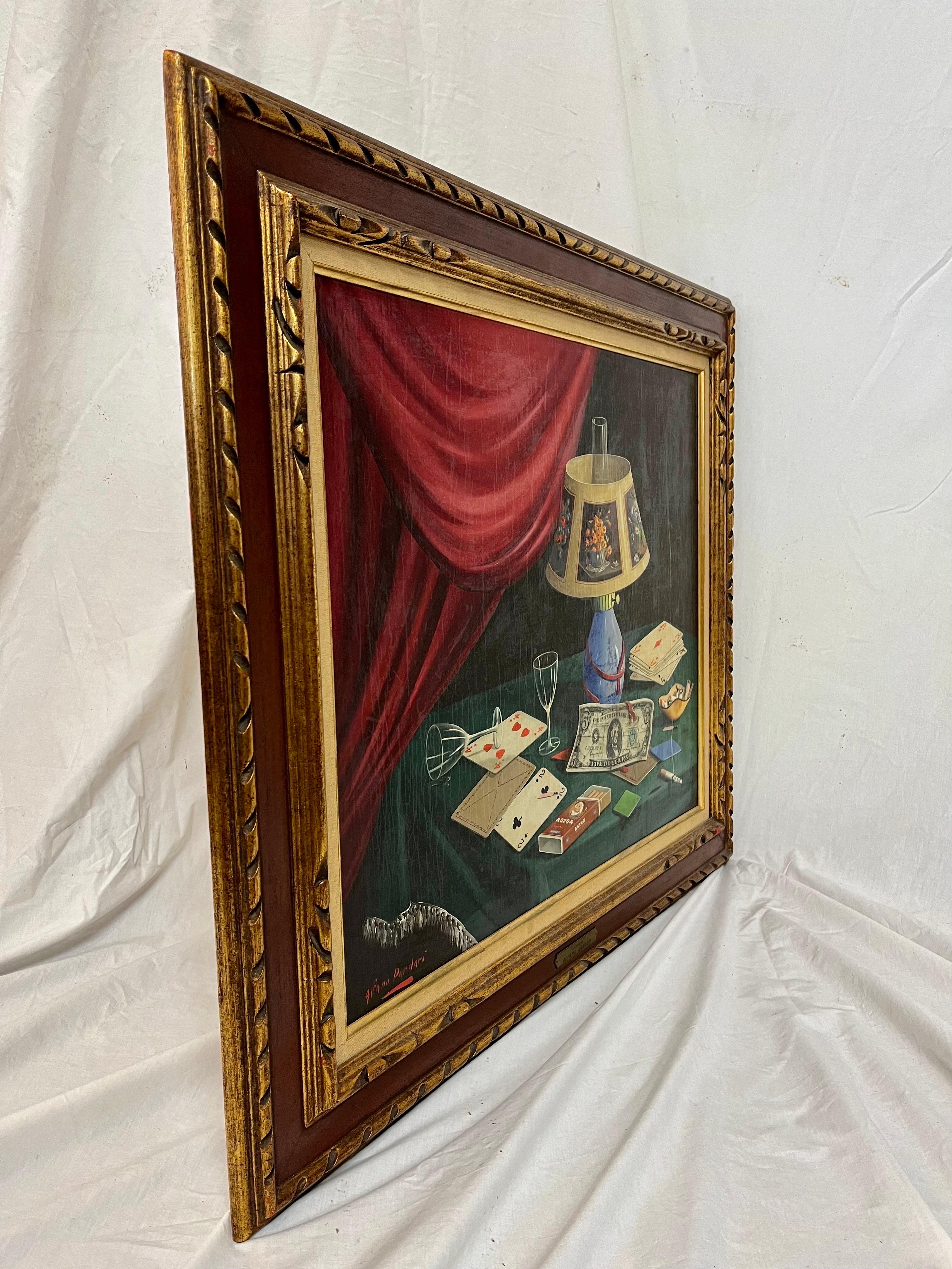 Hand-Painted Alfano Dardari Large Midcentury Trompe L’oeil Still Life Oil Painting Framed For Sale