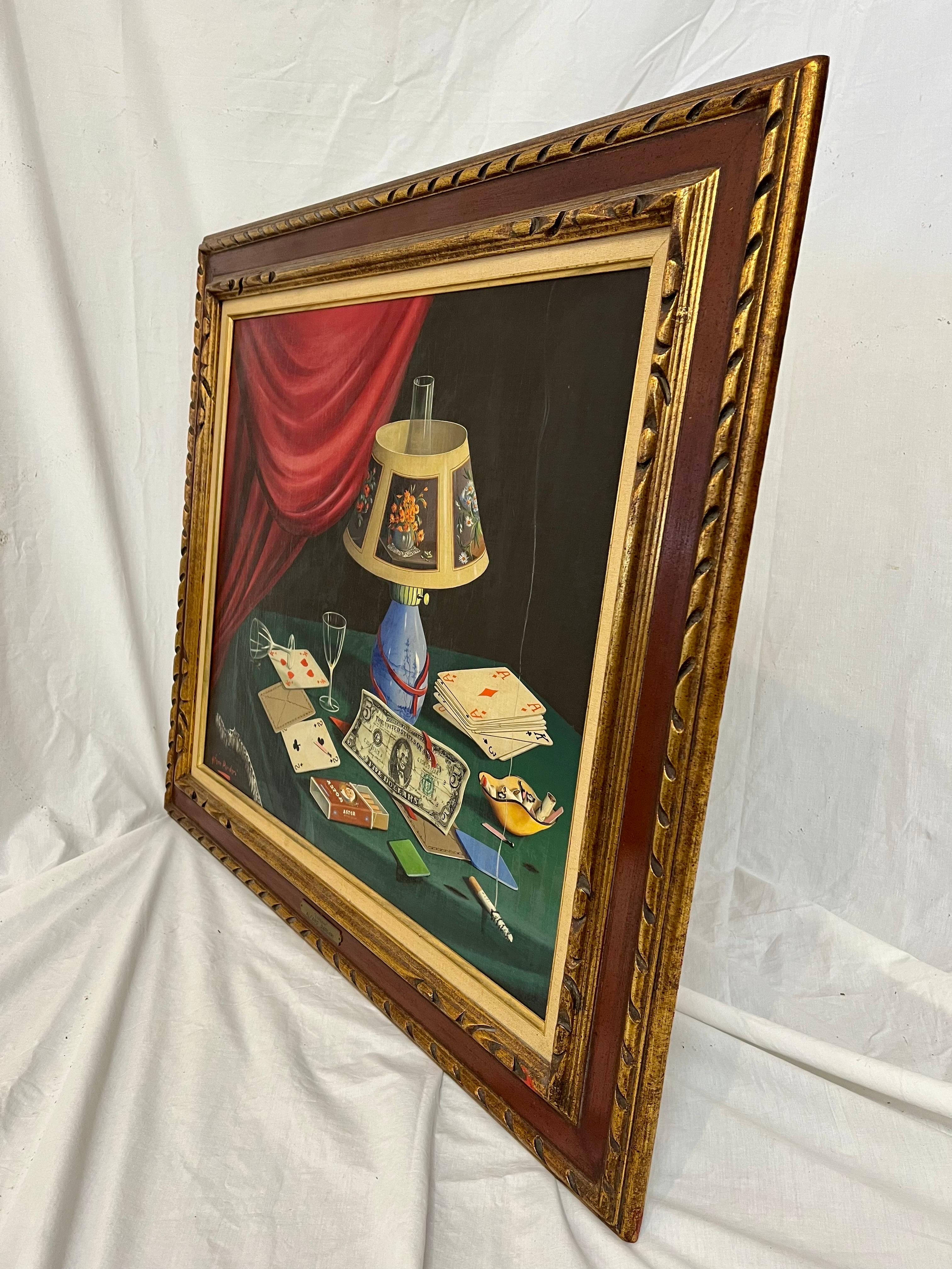 Alfano Dardari Large Midcentury Trompe L’oeil Still Life Oil Painting Framed In Good Condition For Sale In Atlanta, GA