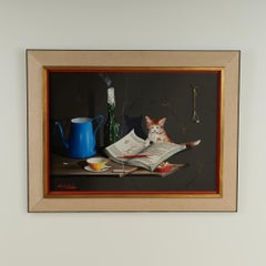 Vintage Still Life Painting with Kitten by Alfano Dardari