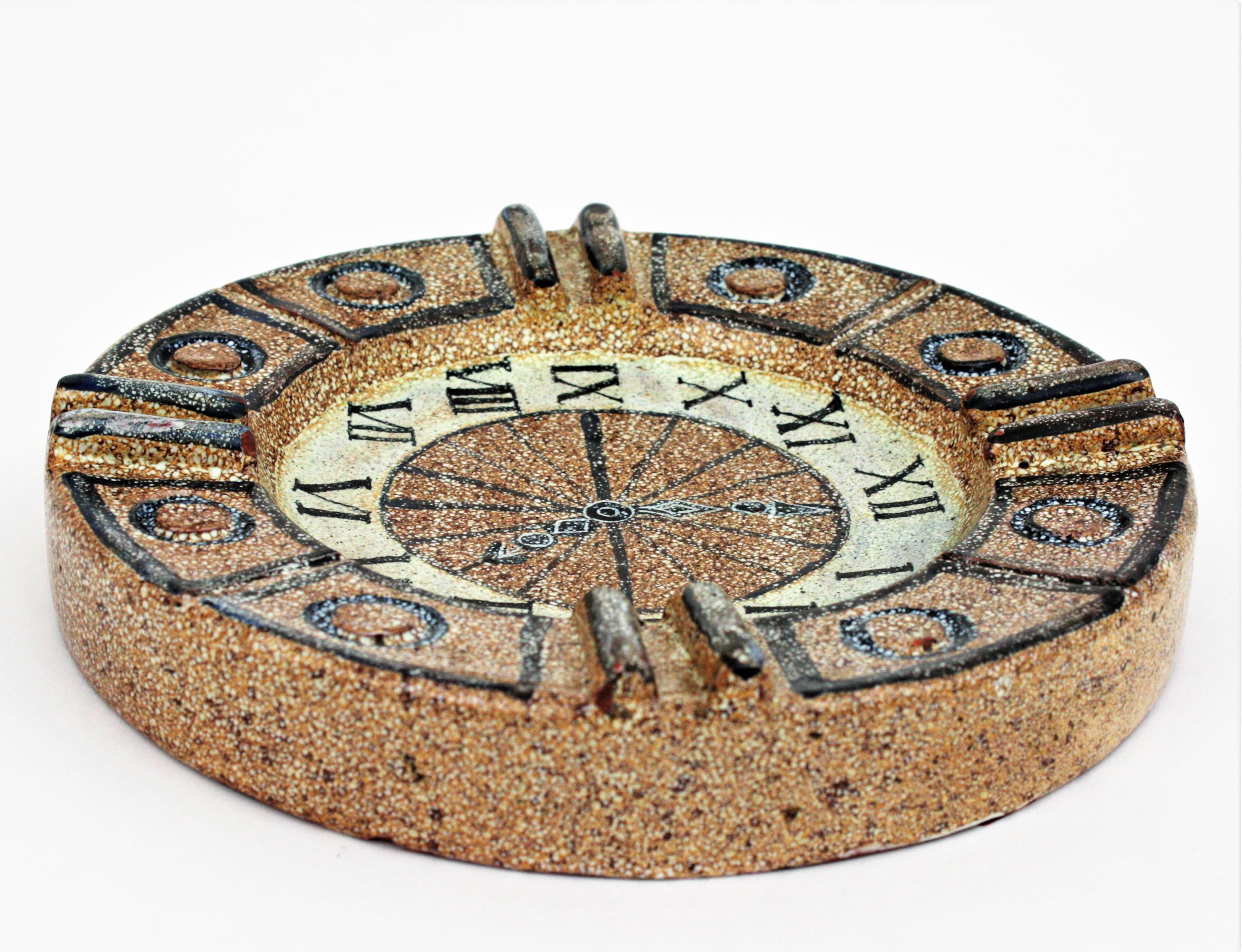 Glazed Spanish Majolica Ceramic Ashtray / Vide-Poche, Clock Design, 1960s For Sale