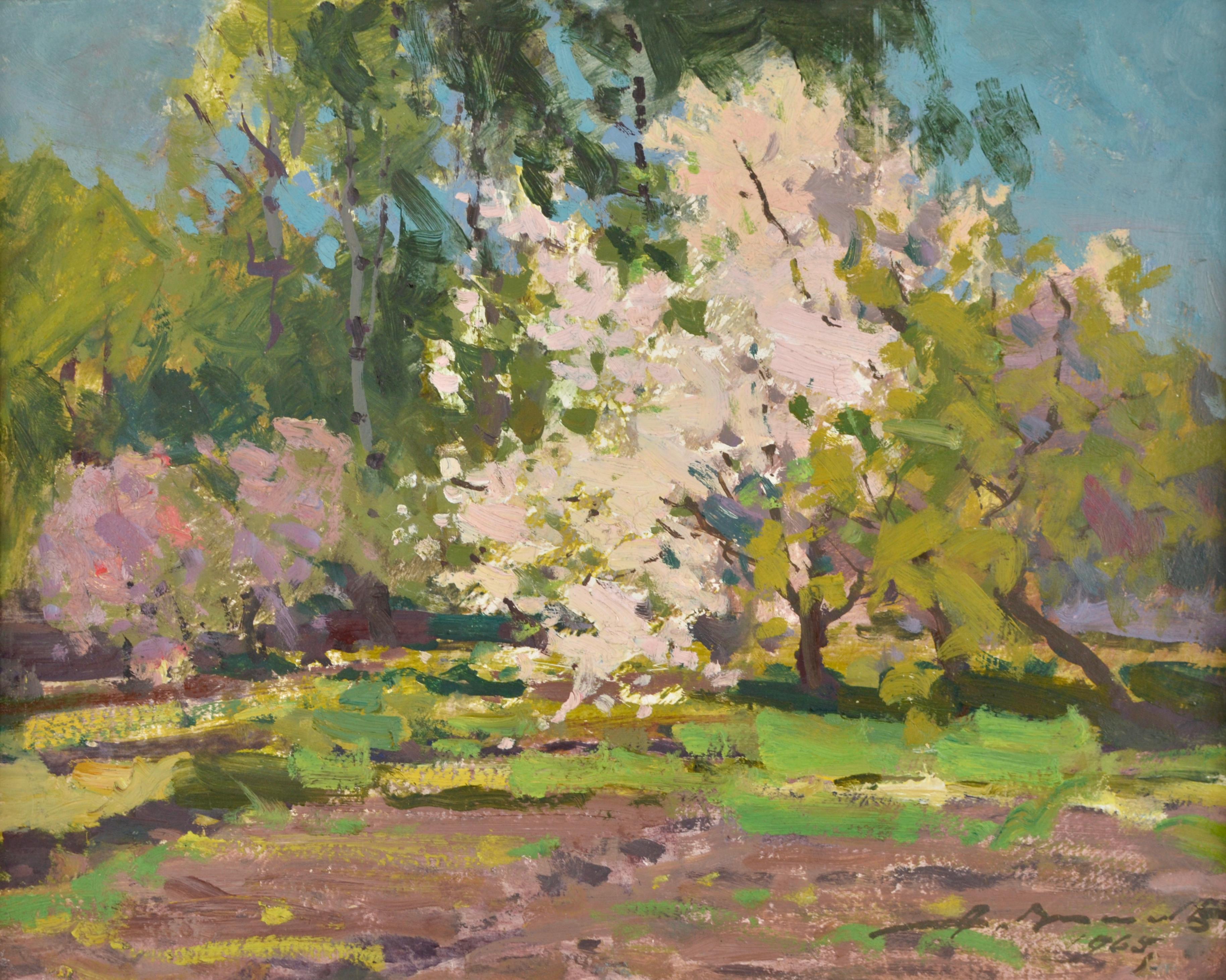 „Blühender Apfelbaum“, von Alfejs Bromults. 1969. Öl auf Karton. 42 x 54 cm. Unterzeichnet