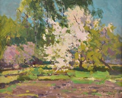 Apple Tree Blooming, by Alfejs Bromults. 1969. Oil, cardboard. 42x54 cm. Signed