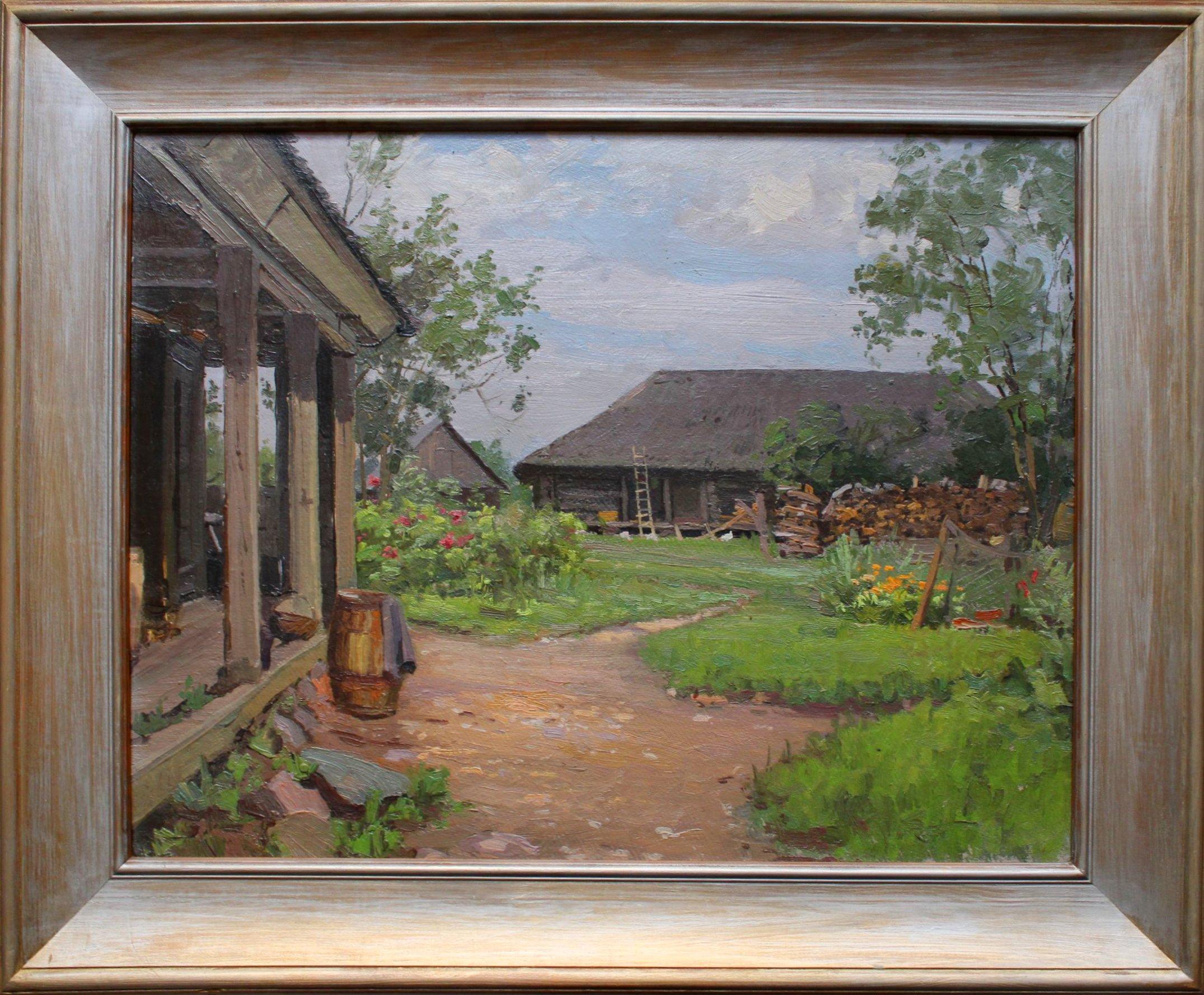 Courtyard, cardboard/oil, 43x55 cm, 1954 - Painting by Alfejs Bromults 