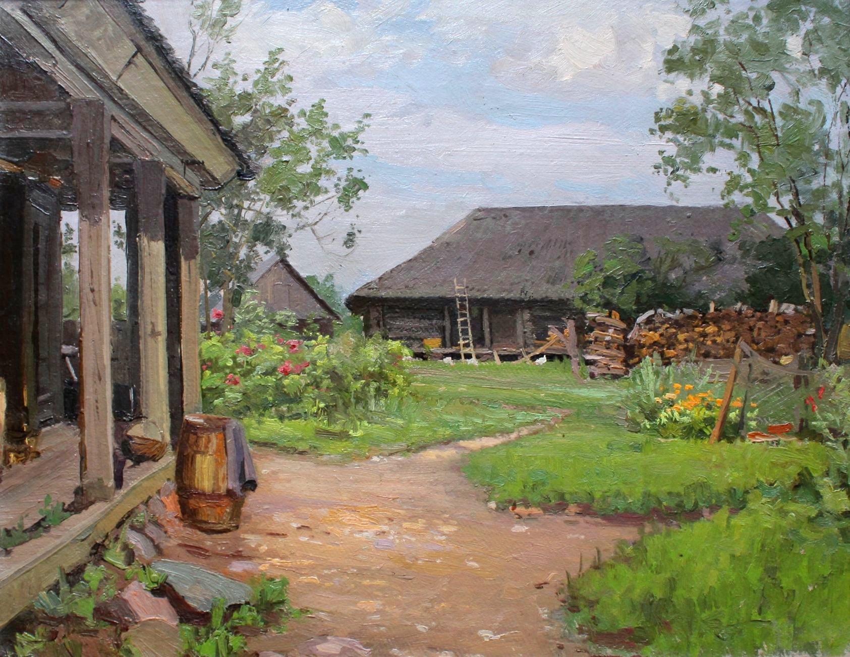 Alfejs Bromults  Landscape Painting - Courtyard, cardboard/oil, 43x55 cm, 1954