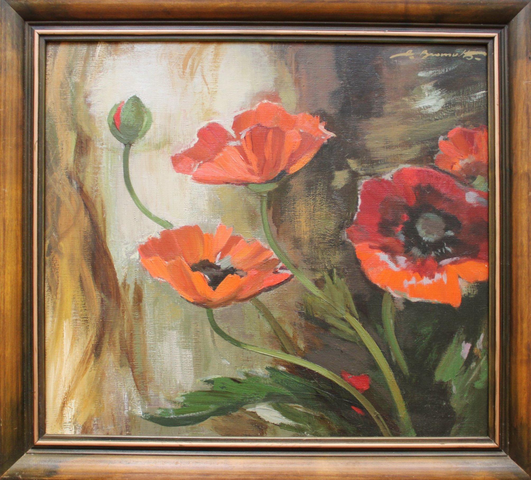 Mohnblumen,  Öl/Leinwand, 54x60 cm – Painting von Alfejs Bromults 