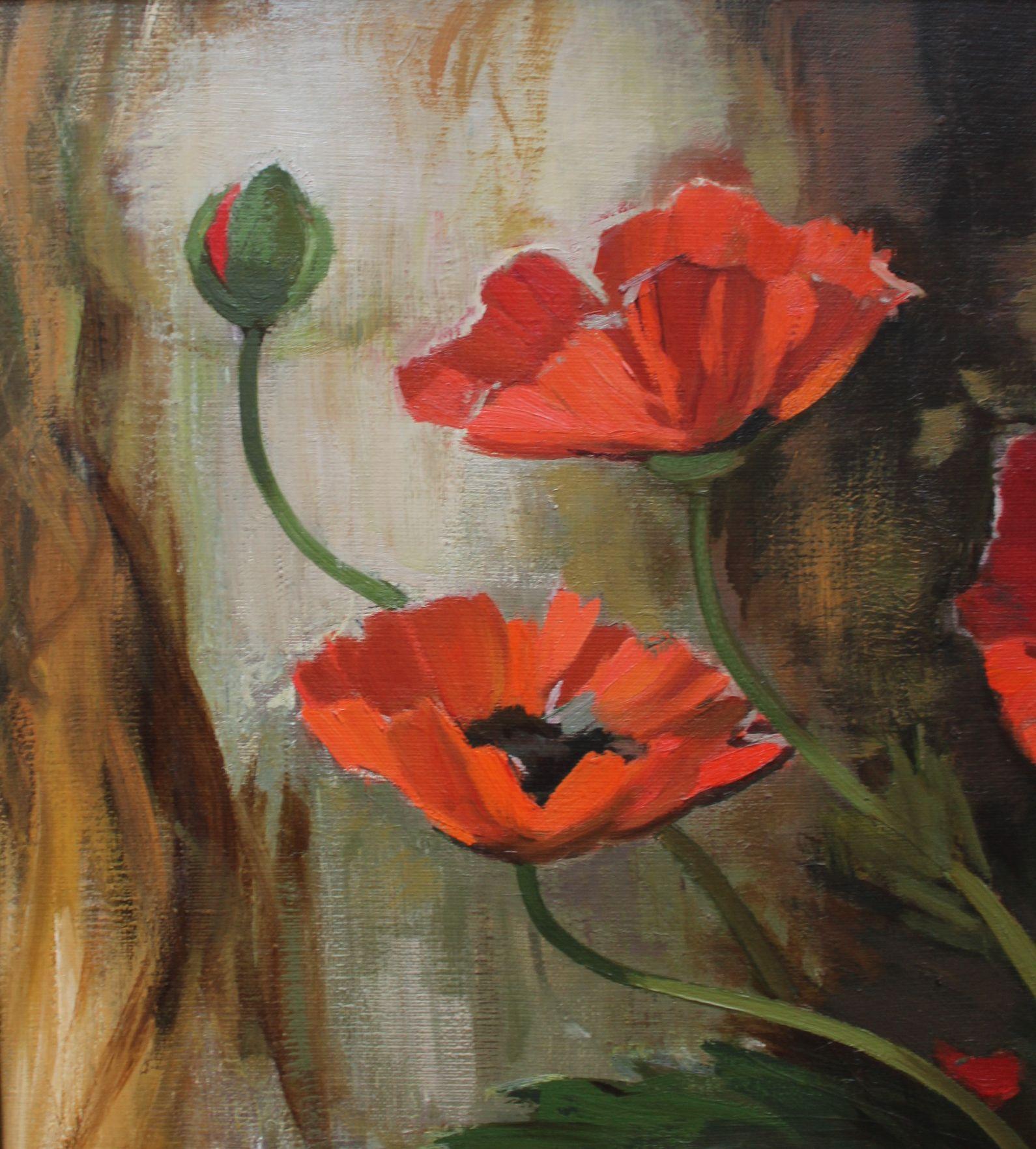 Mohnblumen,  Öl/Leinwand, 54x60 cm (Realismus), Painting, von Alfejs Bromults 