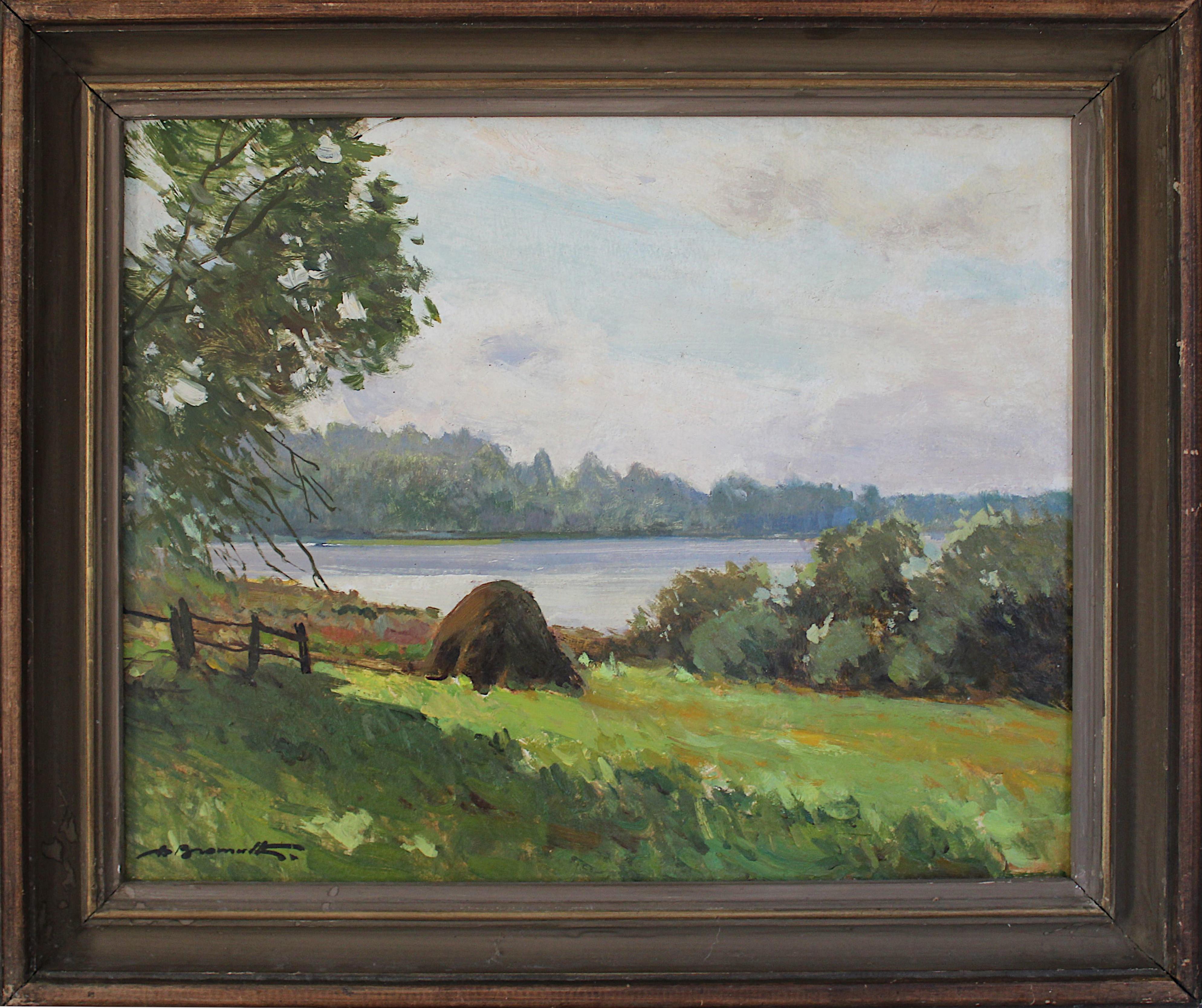 El lago Anna, 1990. Óleo sobre cartón, 40 x 50 cm - Painting de Alfejs Bromults 