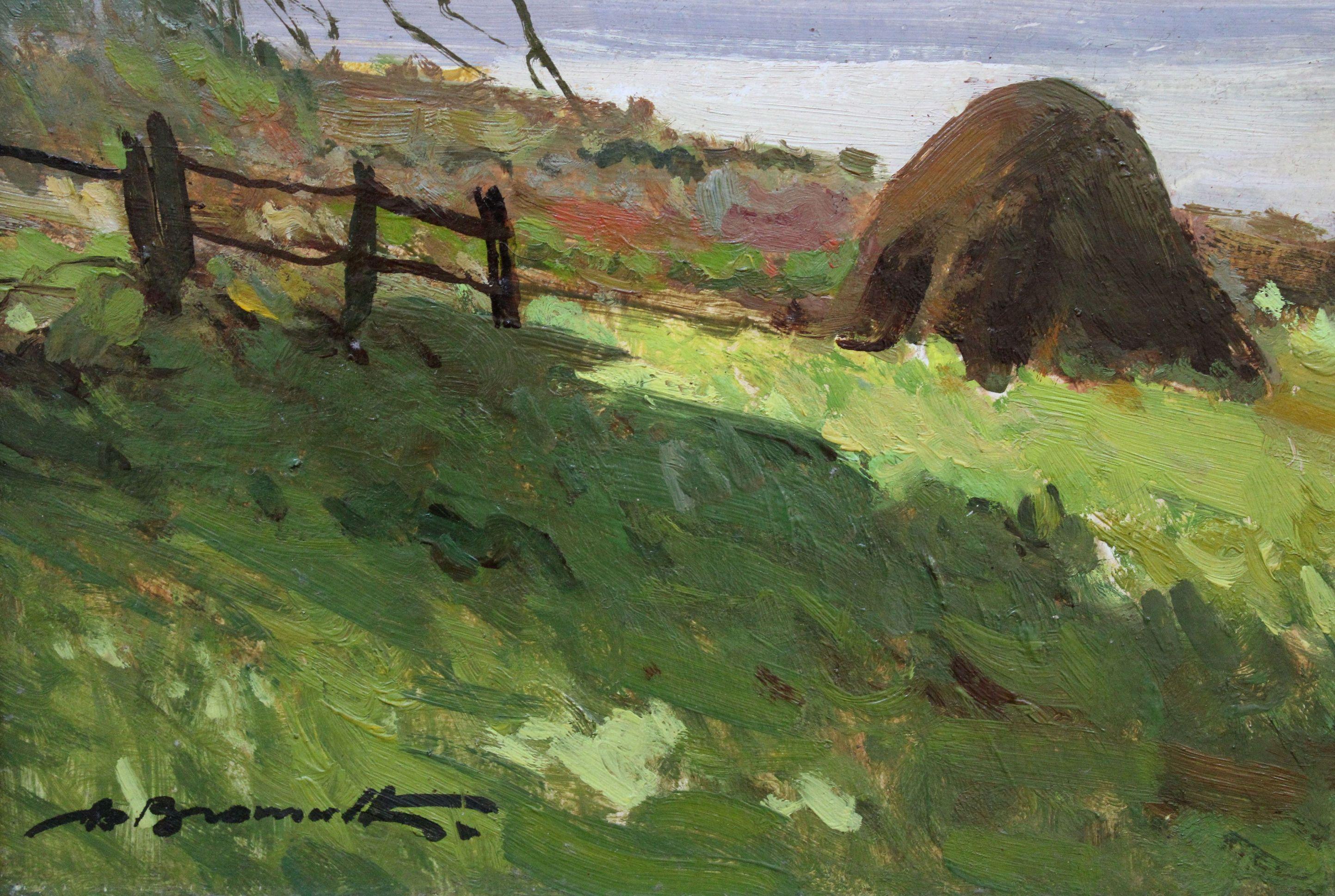 El lago Anna, 1990. Óleo sobre cartón, 40 x 50 cm - Landscape Painting Gris de Alfejs Bromults 