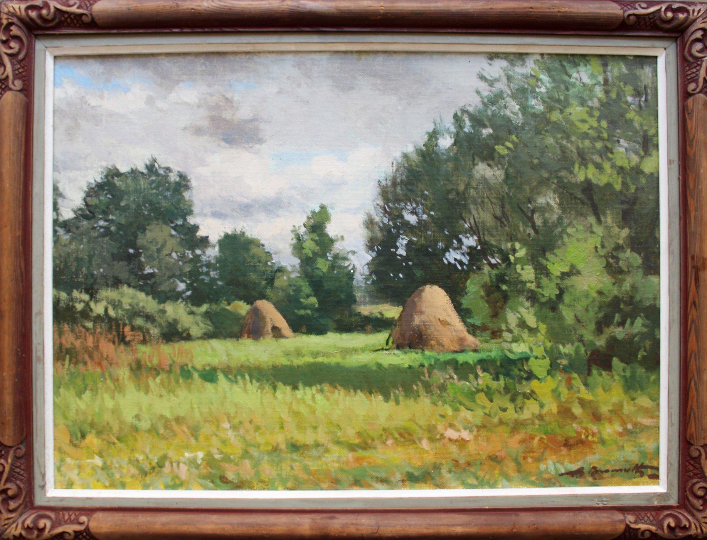 Die Wiese eines jungen Bauern,  Öl/Leinwand, 50x70 cm – Painting von Alfejs Bromults 