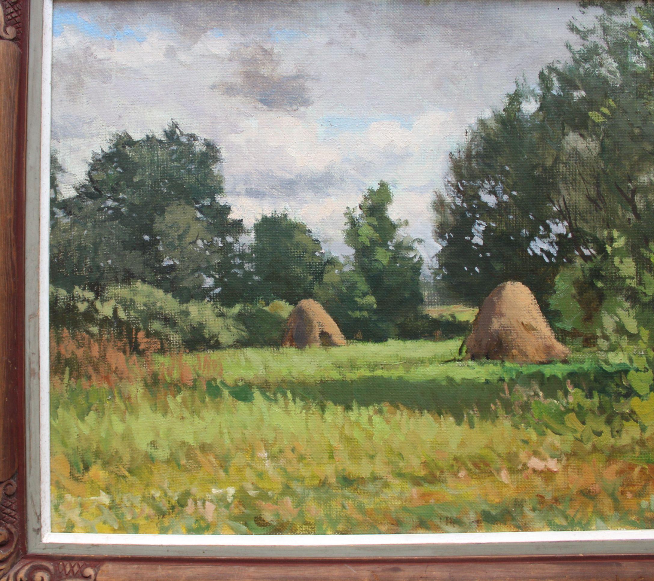 Die Wiese eines jungen Bauern,  Öl/Leinwand, 50x70 cm (Braun), Landscape Painting, von Alfejs Bromults 