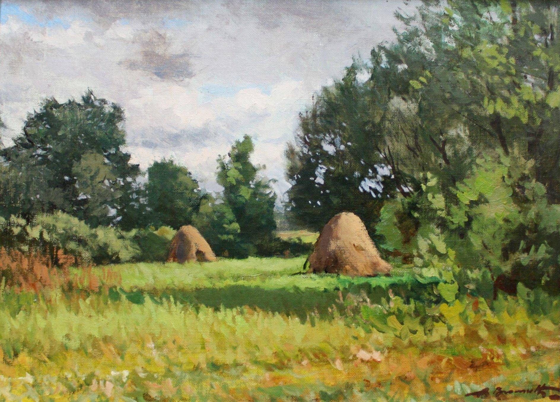 Alfejs Bromults  Landscape Painting – Die Wiese eines jungen Bauern,  Öl/Leinwand, 50x70 cm