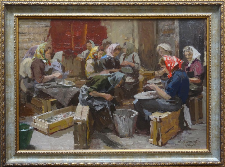 At work. 1950, oil on cardboard, 49x69 cm - Painting by Alfejs Bromults