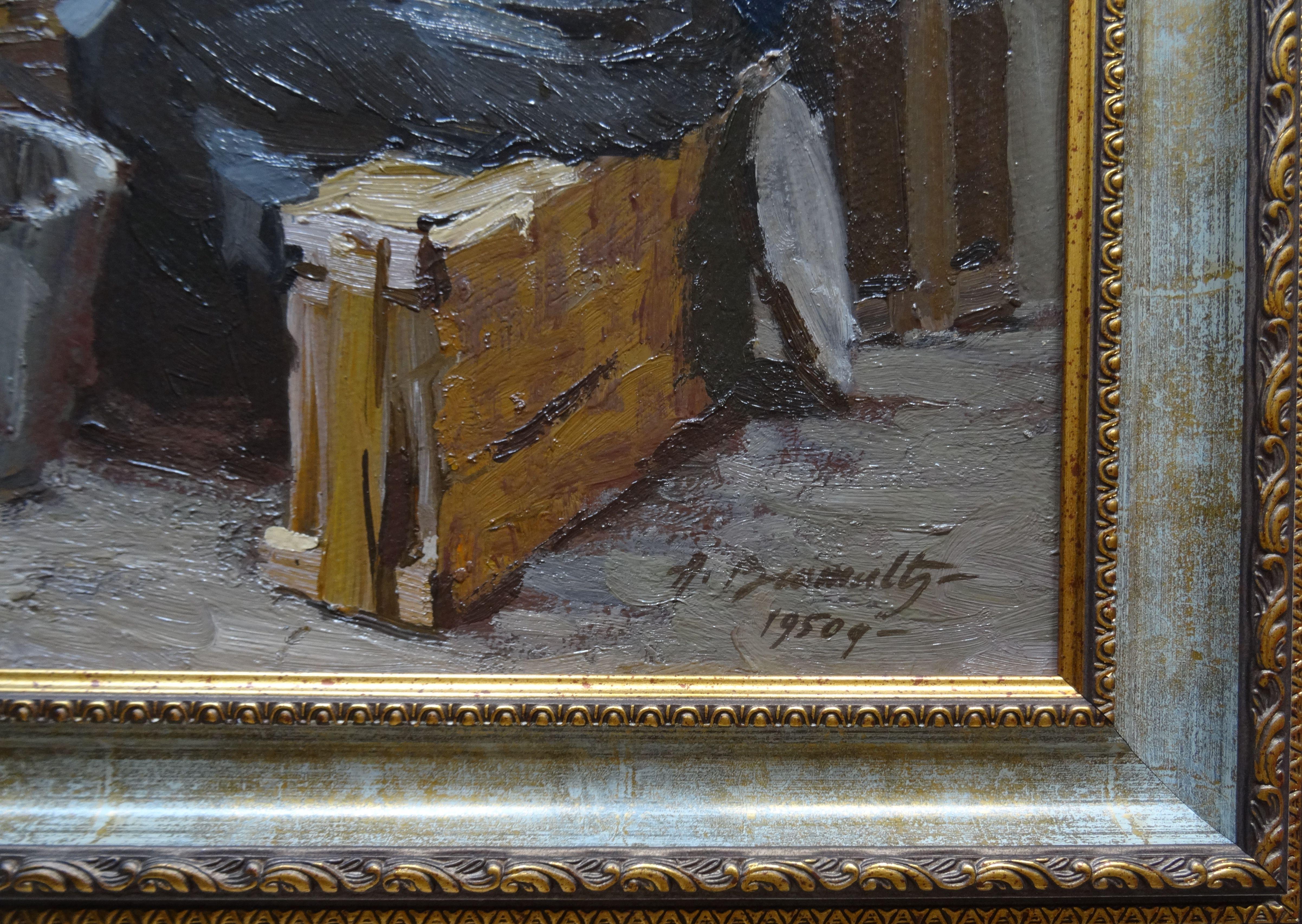Al lavoro. 1950, olio su cartone, 49x69 cm - Painting Realismo di Alfejs Bromults