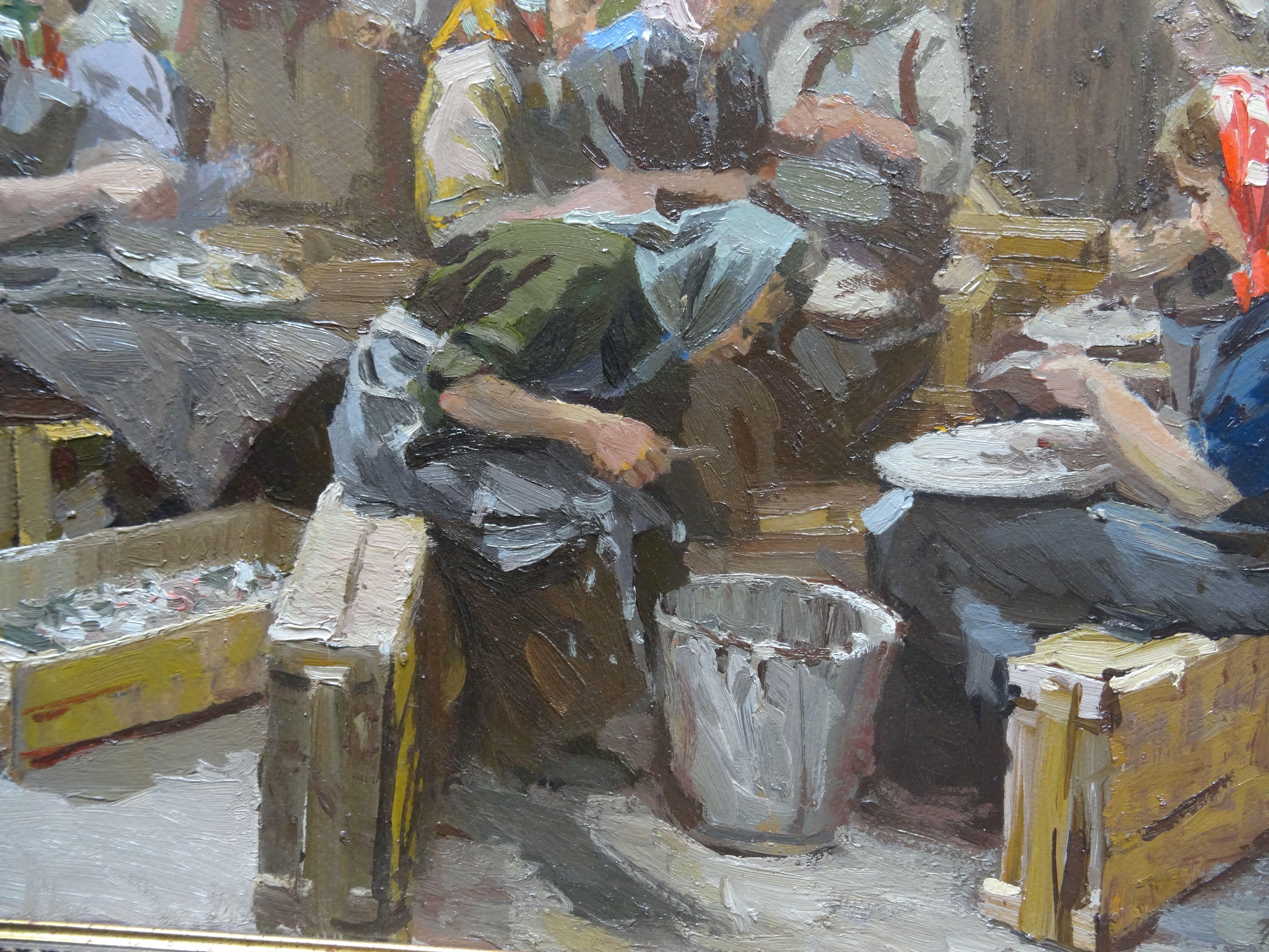 Al lavoro. 1950, olio su cartone, 49x69 cm - Figurative Painting Grigio di Alfejs Bromults