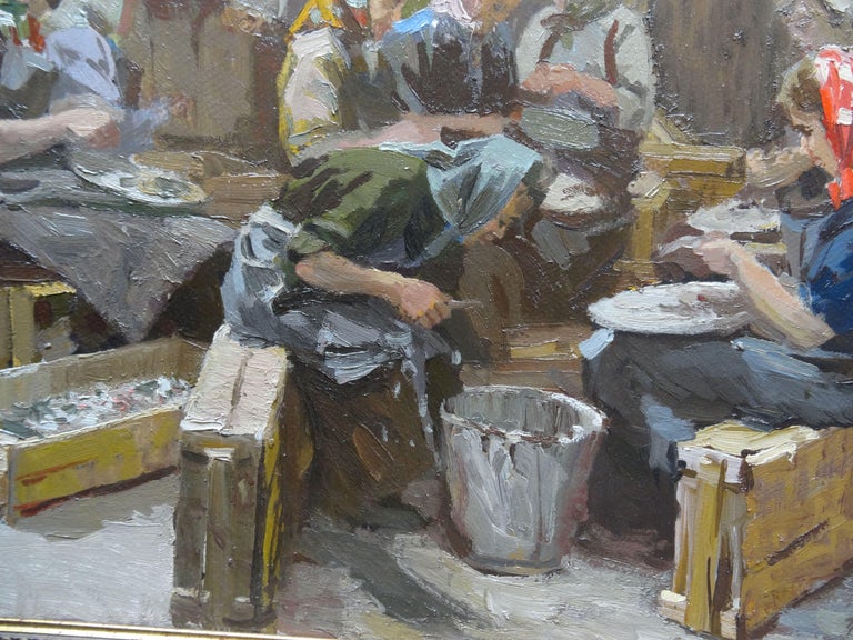 At work. 1950, oil on cardboard, 49x69 cm - Gray Figurative Painting by Alfejs Bromults