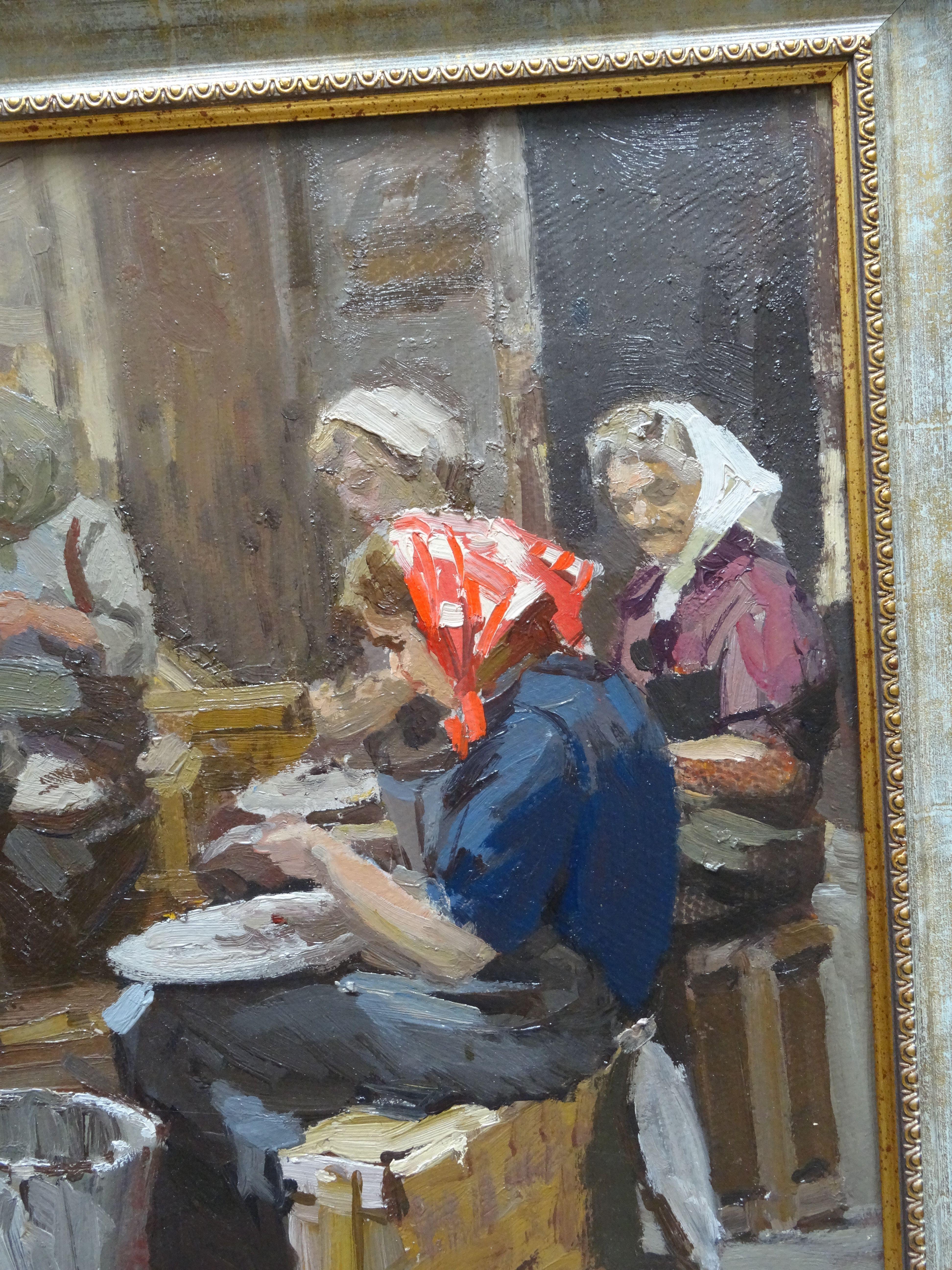 Al lavoro. 1950, olio su cartone, 49x69 cm in vendita 1
