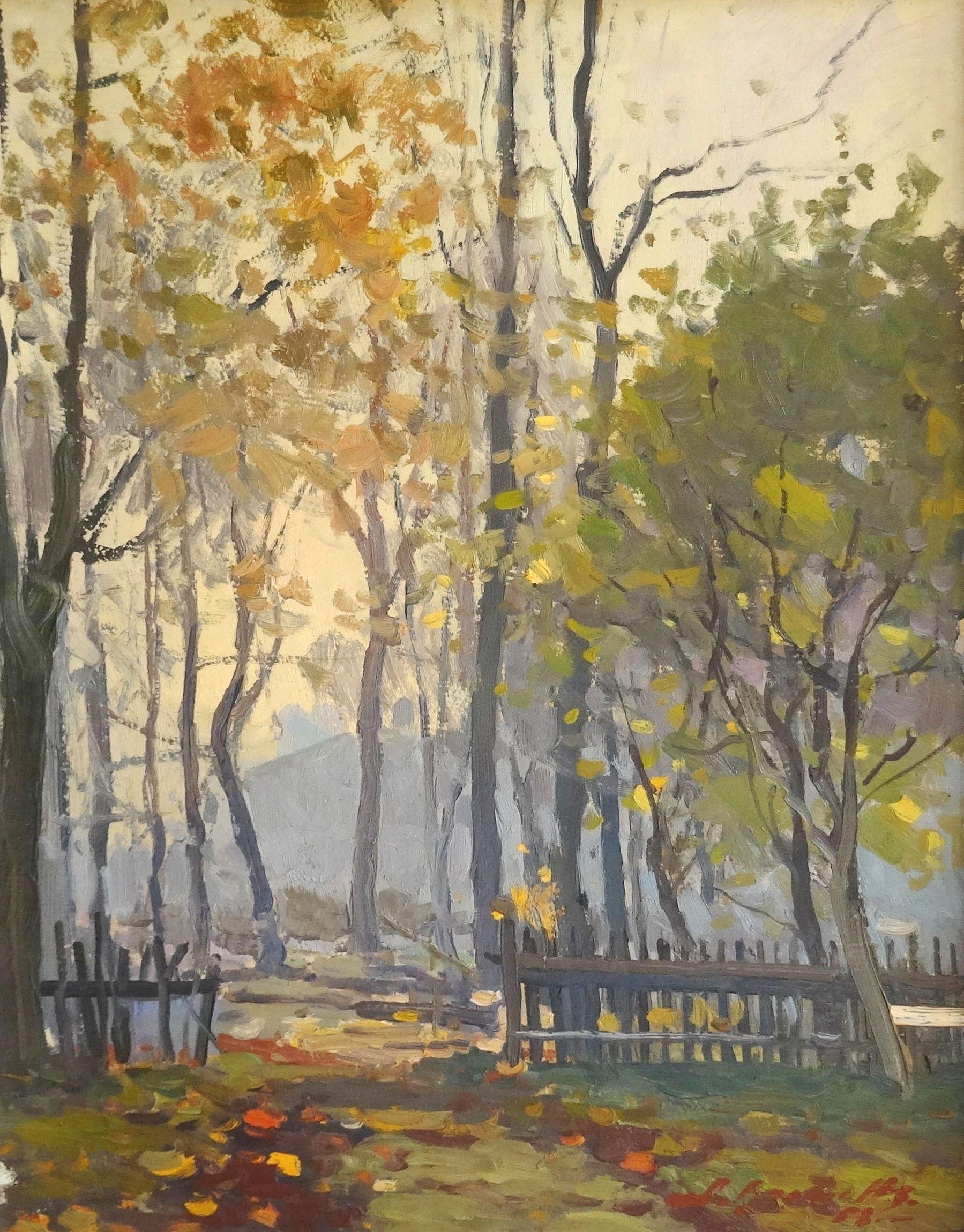 Herbst in der Stadt. 1958, Öl auf Karton, 55, 5 x 43 cm – Art von Alfejs Bromults