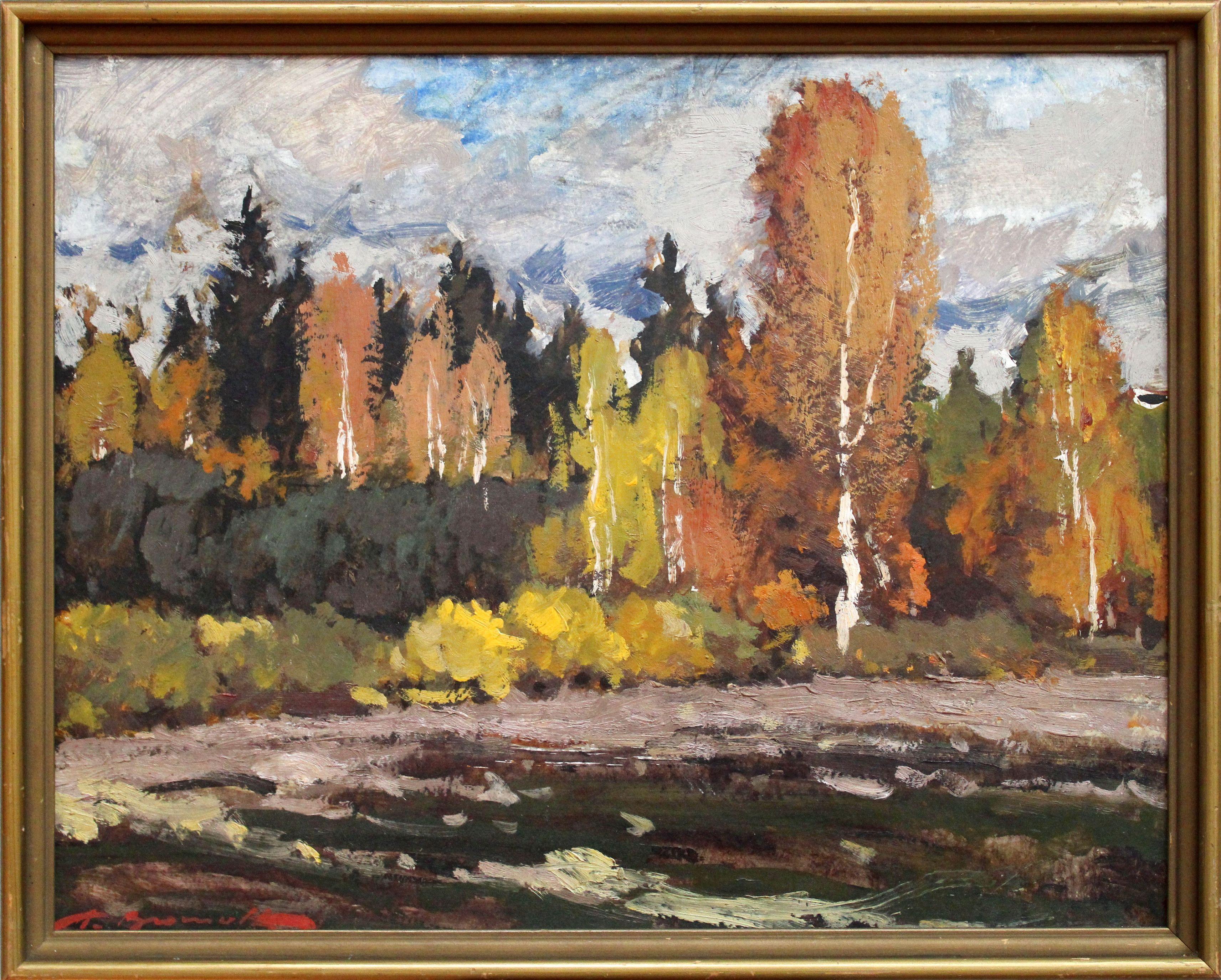 Herbststimmung. Öl auf Karton, 38 x 48, 5 cm, Öl – Painting von Alfejs Bromults