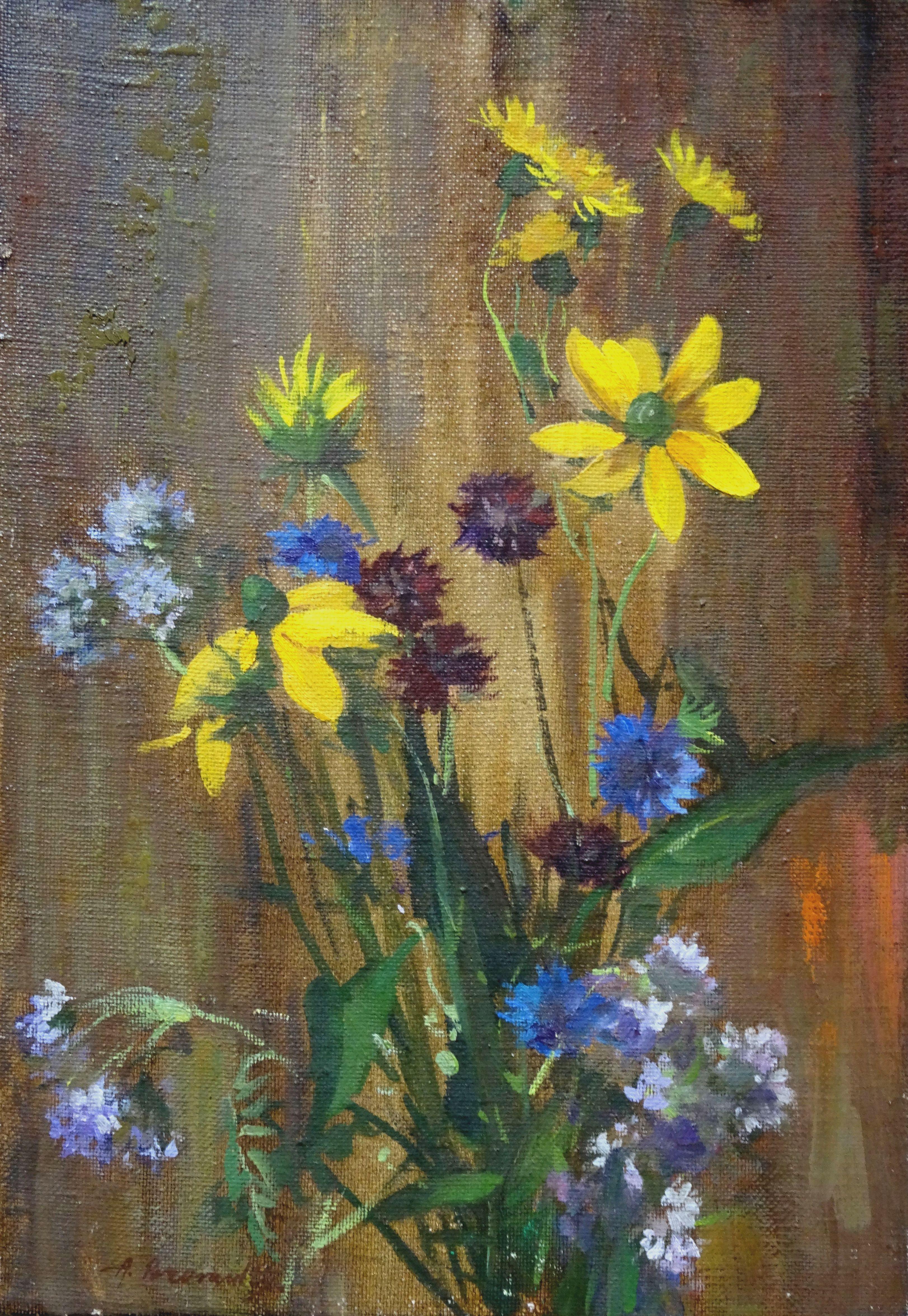 Bouquet with cornflower. 1990, oil on canvas, cardboard, 50,5x35 cm