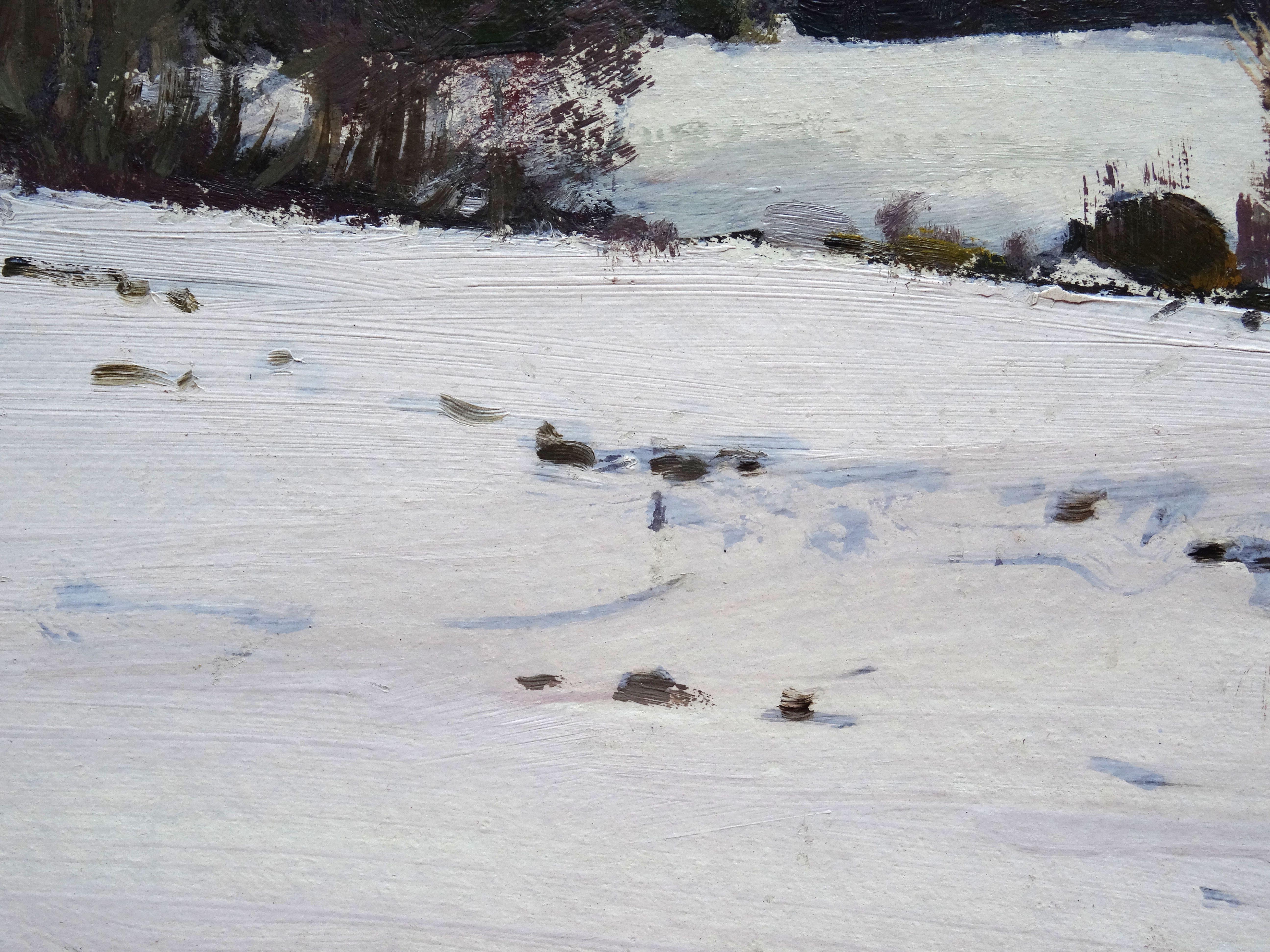 Bord de la forêt à l'hiver. 1983. Huile sur carton, 40x50 cm - Réalisme Painting par Alfejs Bromults