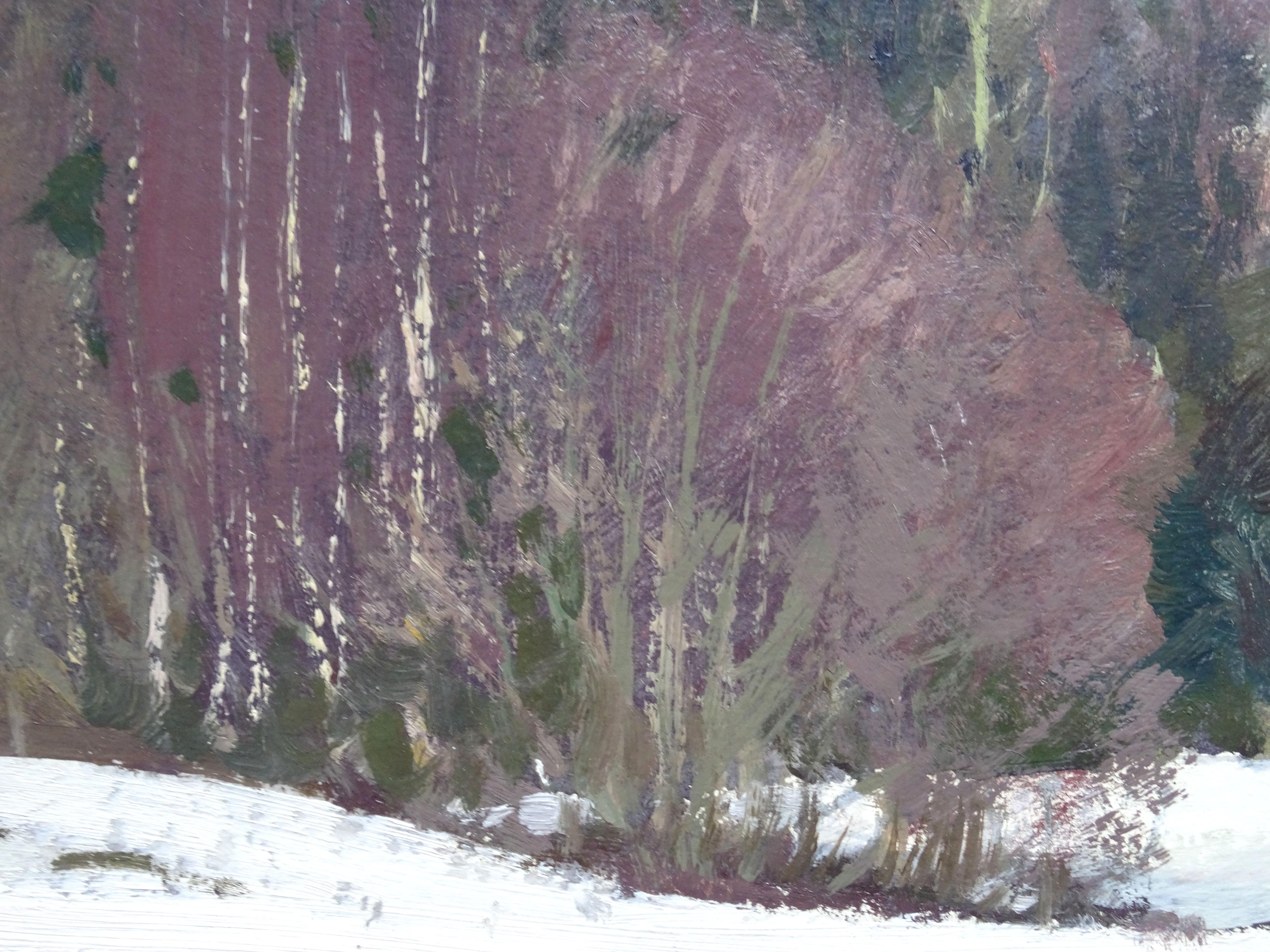 Bord de la forêt à l'hiver. 1983. Huile sur carton, 40x50 cm - Gris Landscape Painting par Alfejs Bromults