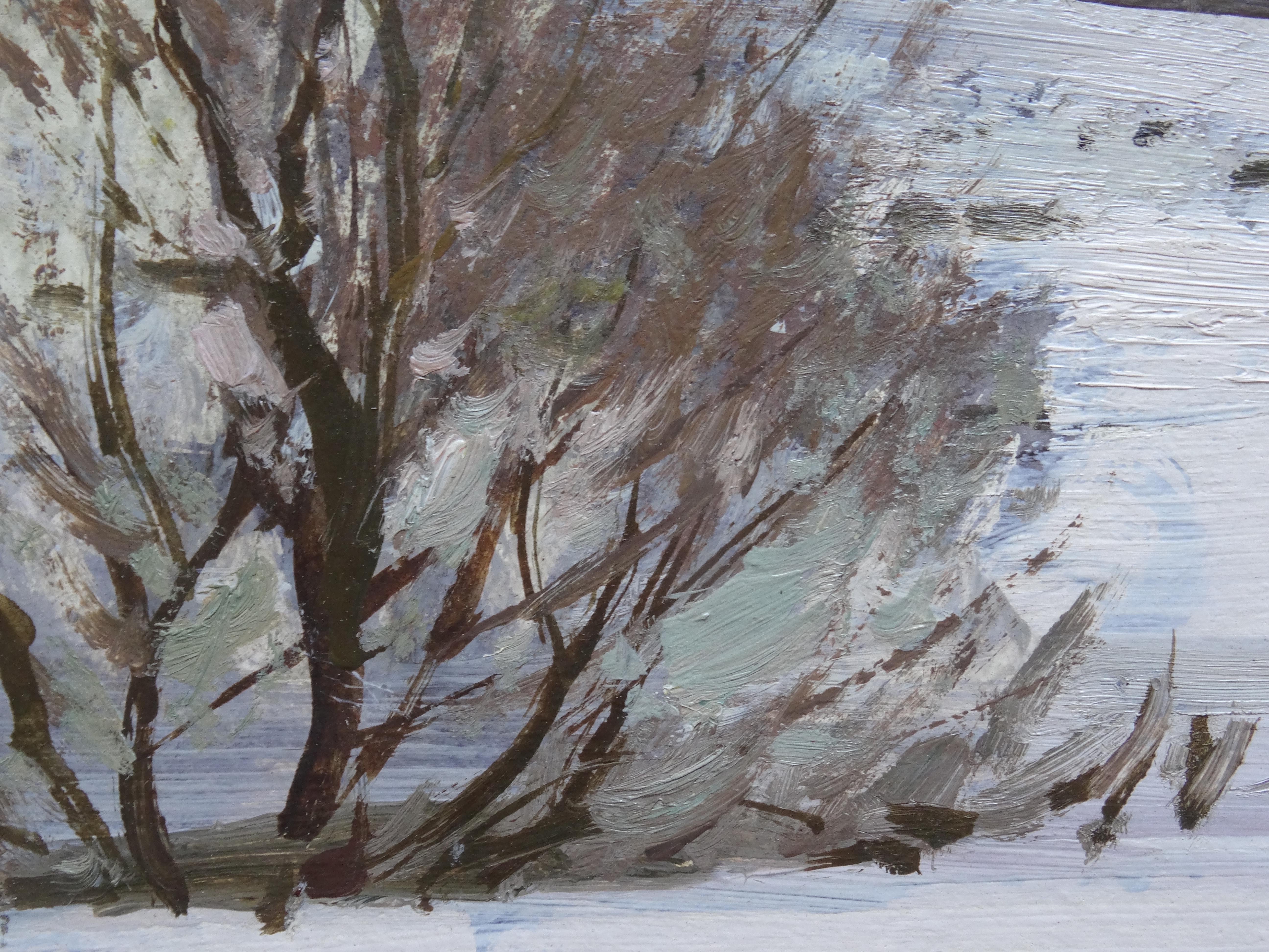Forest edge at winter. 1983. Oil on cardboard, 40x50 cm - Realist Painting by Alfejs Bromults