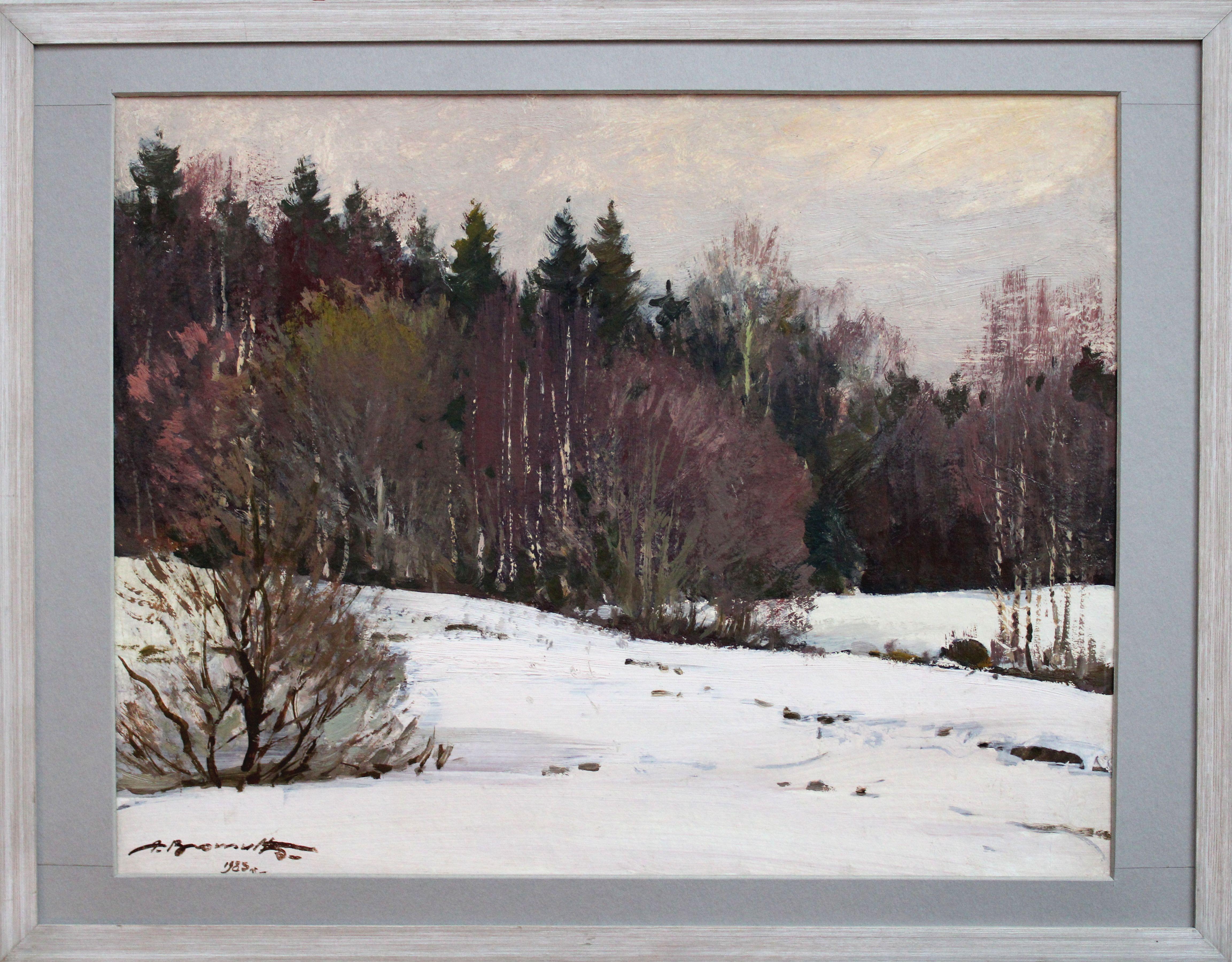Forest edge at winter. 1983. Oil on cardboard, 40x50 cm - Gray Landscape Painting by Alfejs Bromults