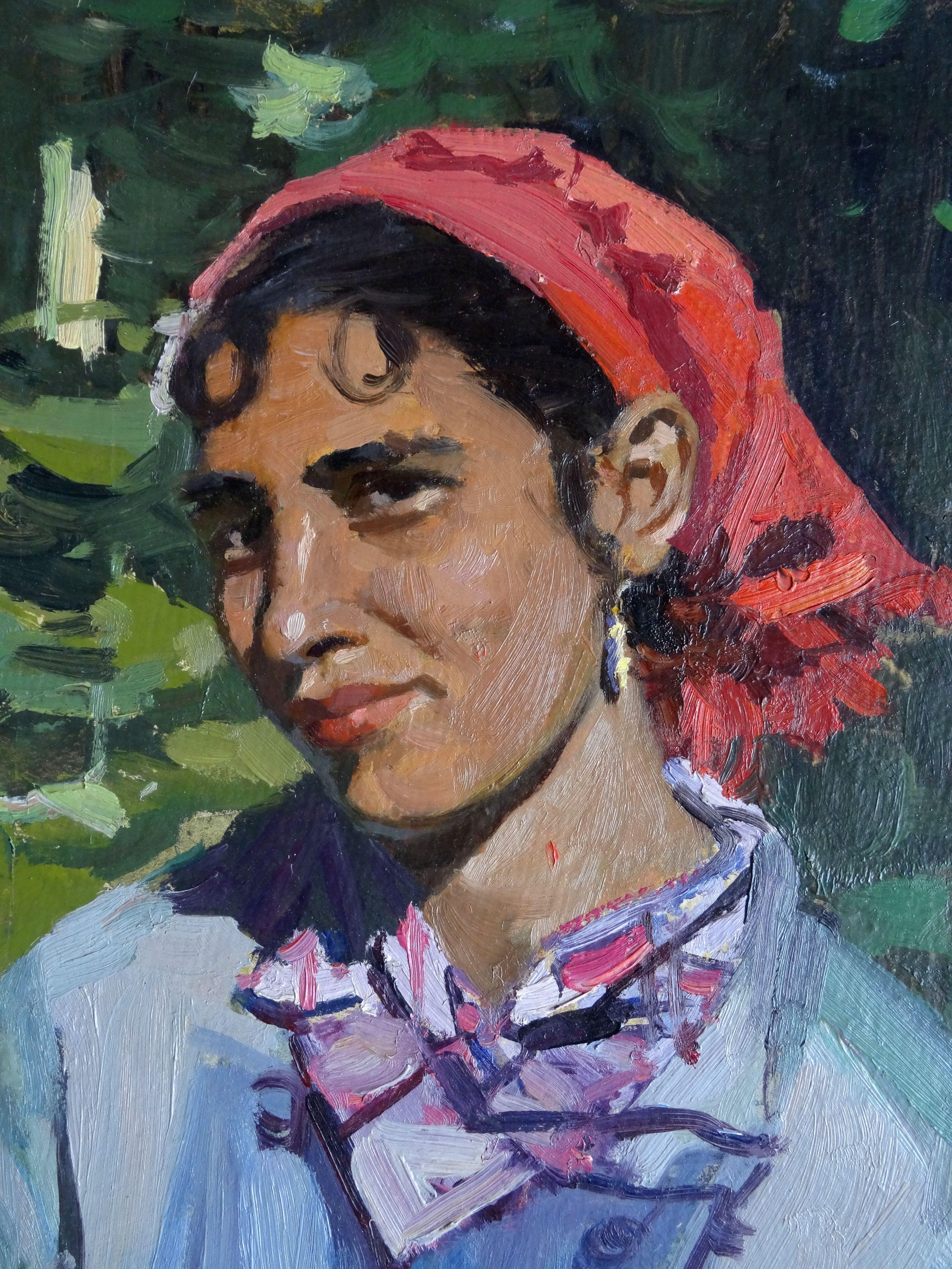 Zigeunerin. 1959, Öl auf Karton, 48x37 cm – Painting von Alfejs Bromults