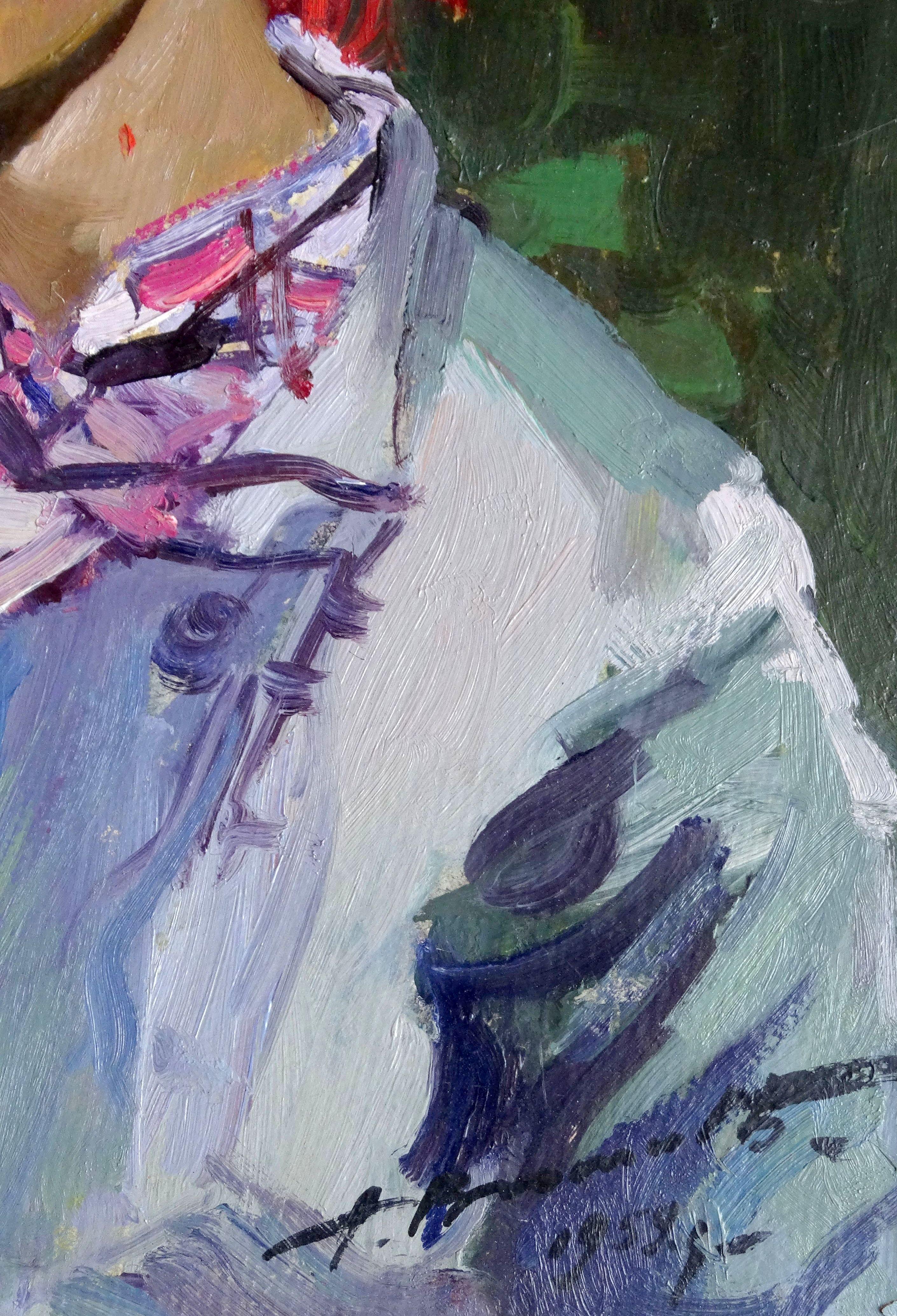 Zigeunerin. 1959, Öl auf Karton, 48x37 cm (Grau), Portrait Painting, von Alfejs Bromults