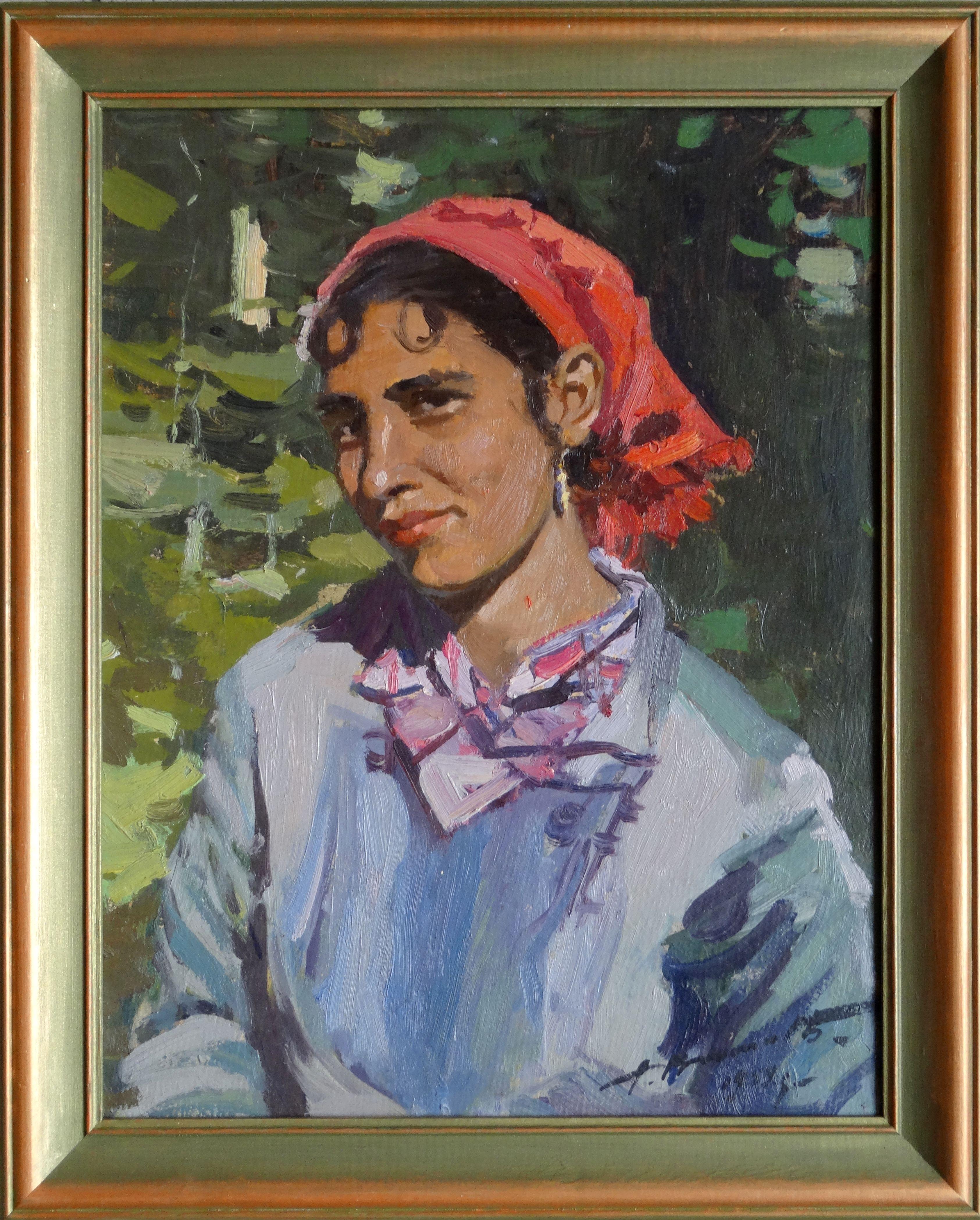 Gypsy woman. 1959., oil on cardboard, 48x37 cm - Gray Portrait Painting by Alfejs Bromults