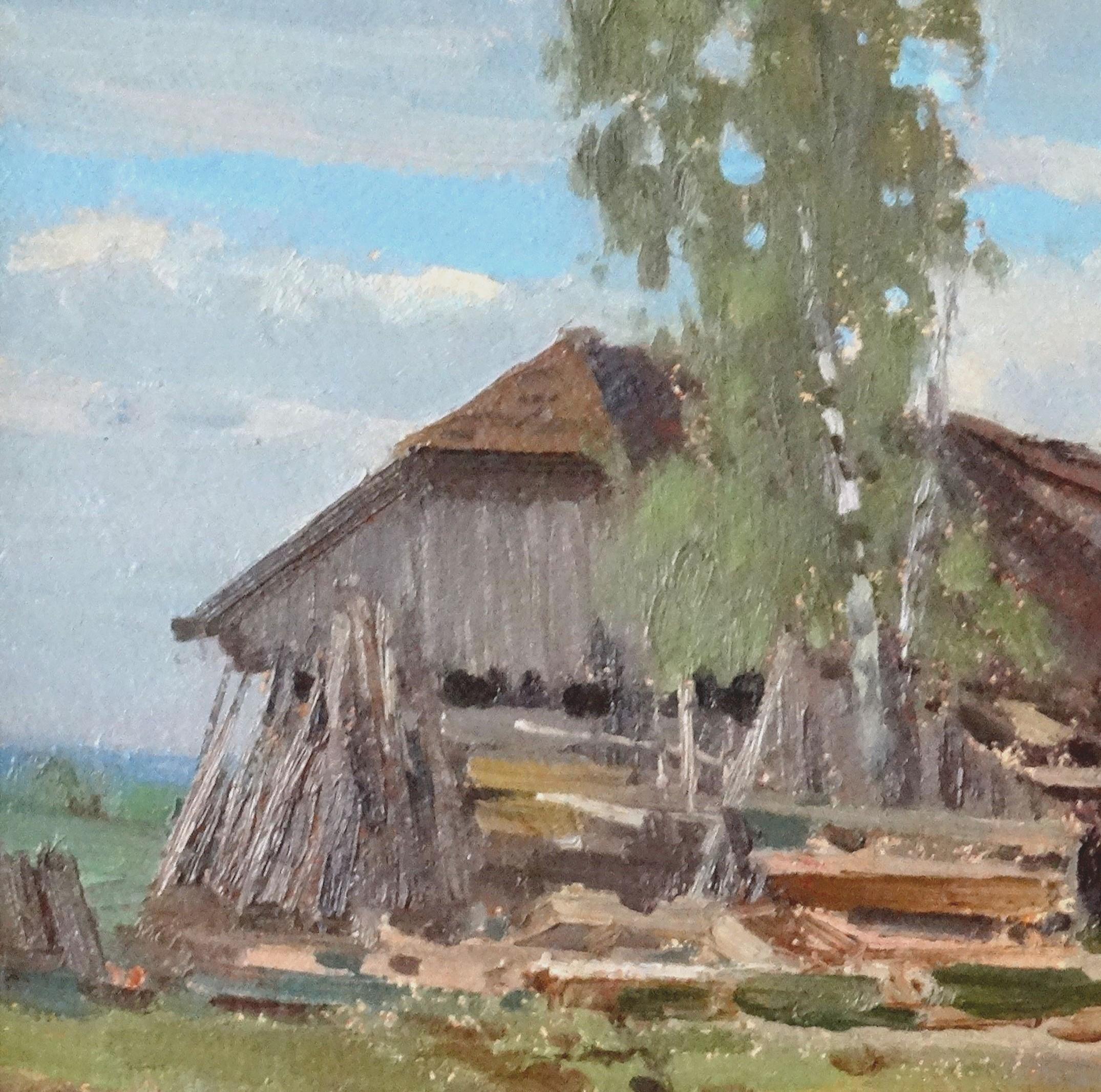 In dem Dorfhof des Dorfes. 1976, Karton, Öl, 43x65 cm (Realismus), Painting, von Alfejs Bromults