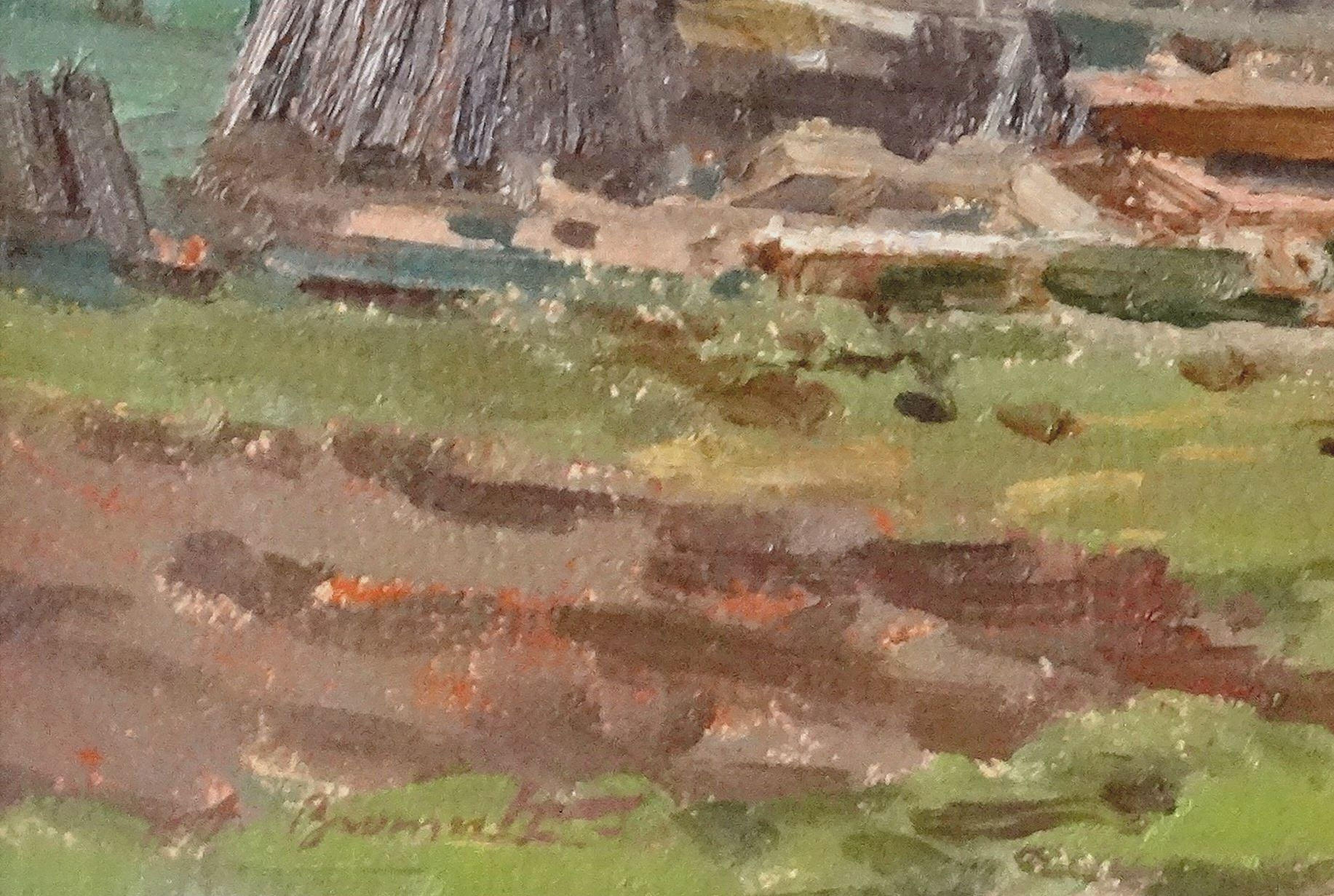 In dem Dorfhof des Dorfes. 1976, Karton, Öl, 43x65 cm (Grau), Landscape Painting, von Alfejs Bromults