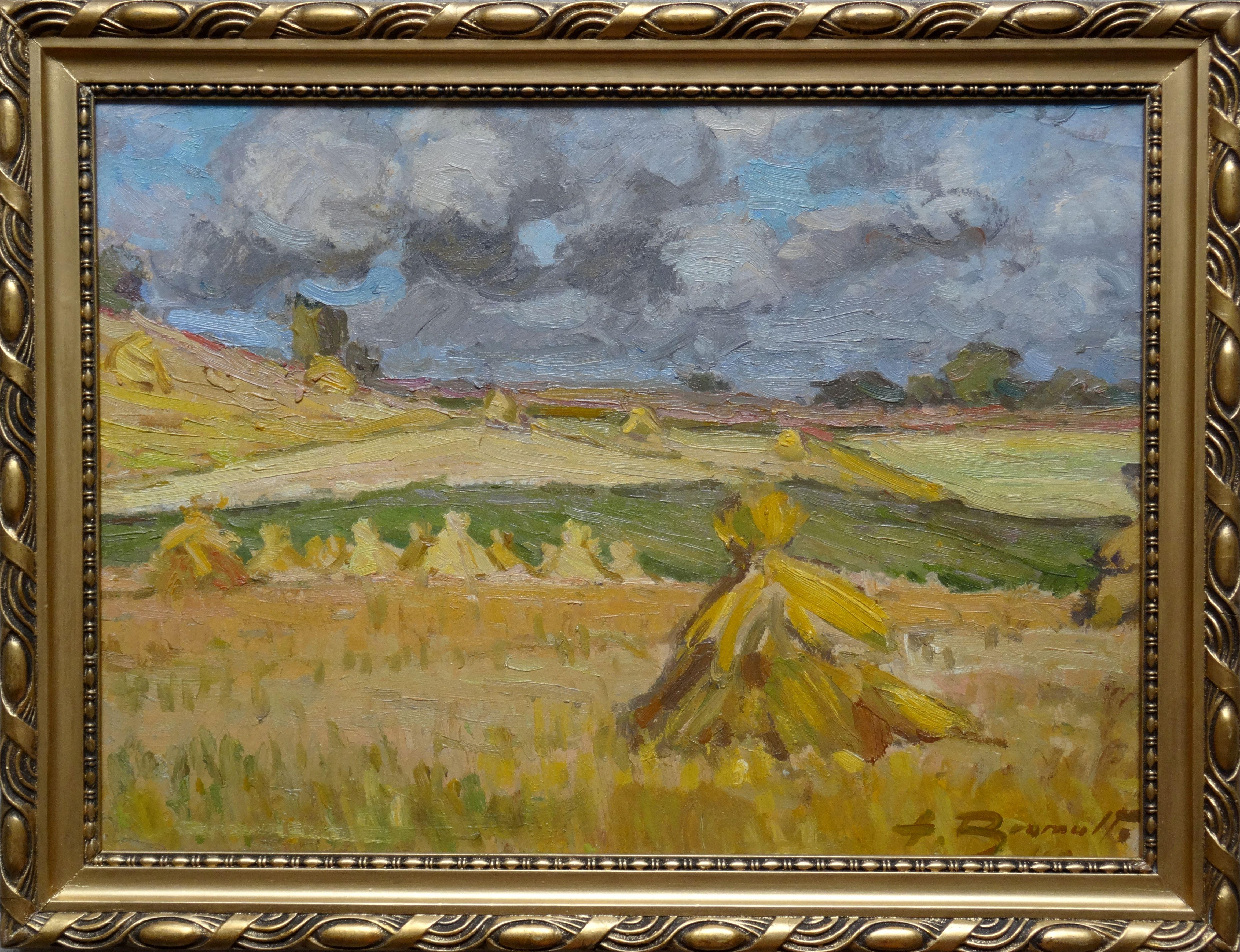 Paysage. 1942. Huile sur carton, 36,5 x 47,5 cm - Painting de Alfejs Bromults