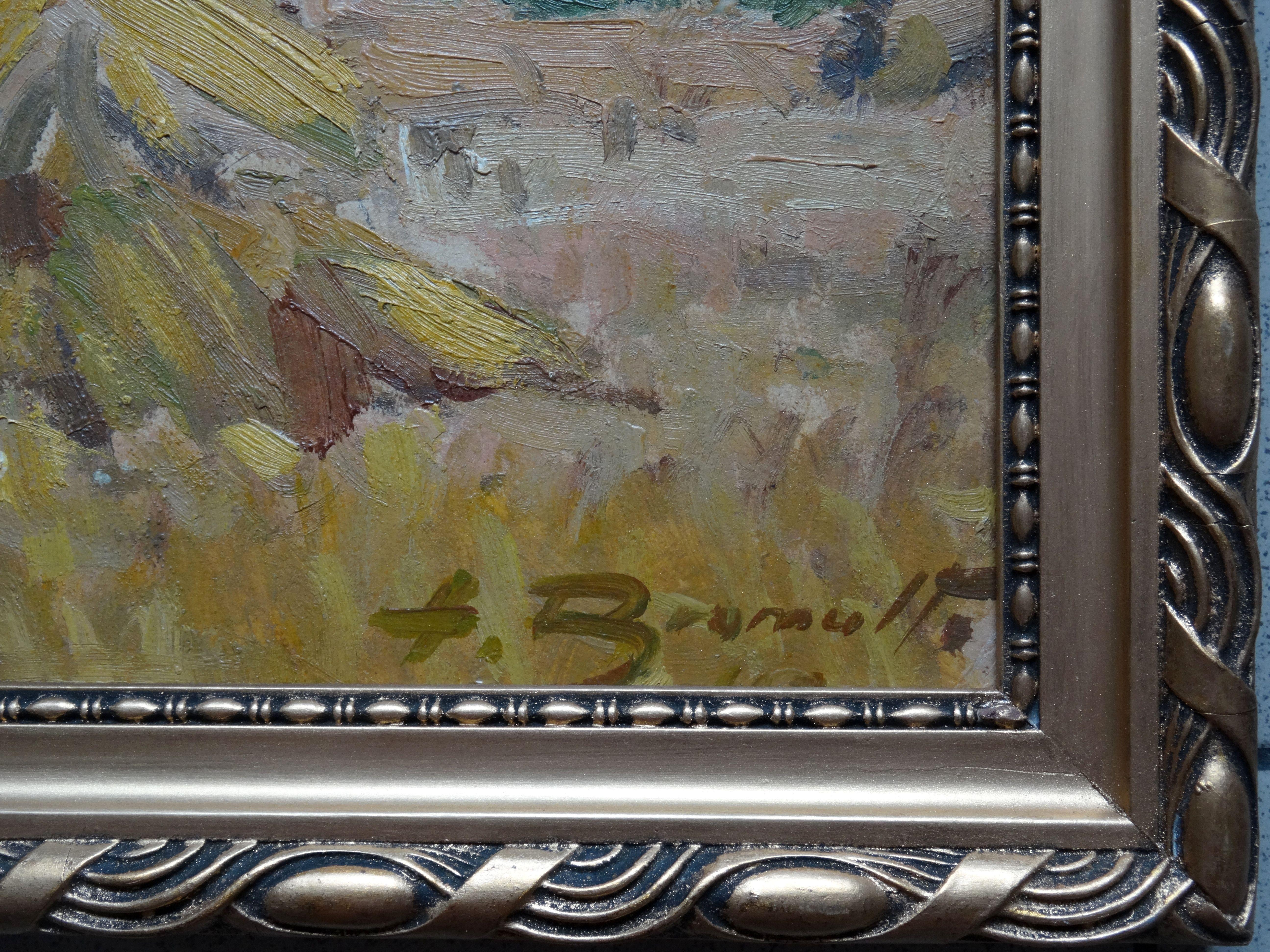 Paysage. 1942. Huile sur carton, 36,5 x 47,5 cm - Réalisme Painting par Alfejs Bromults