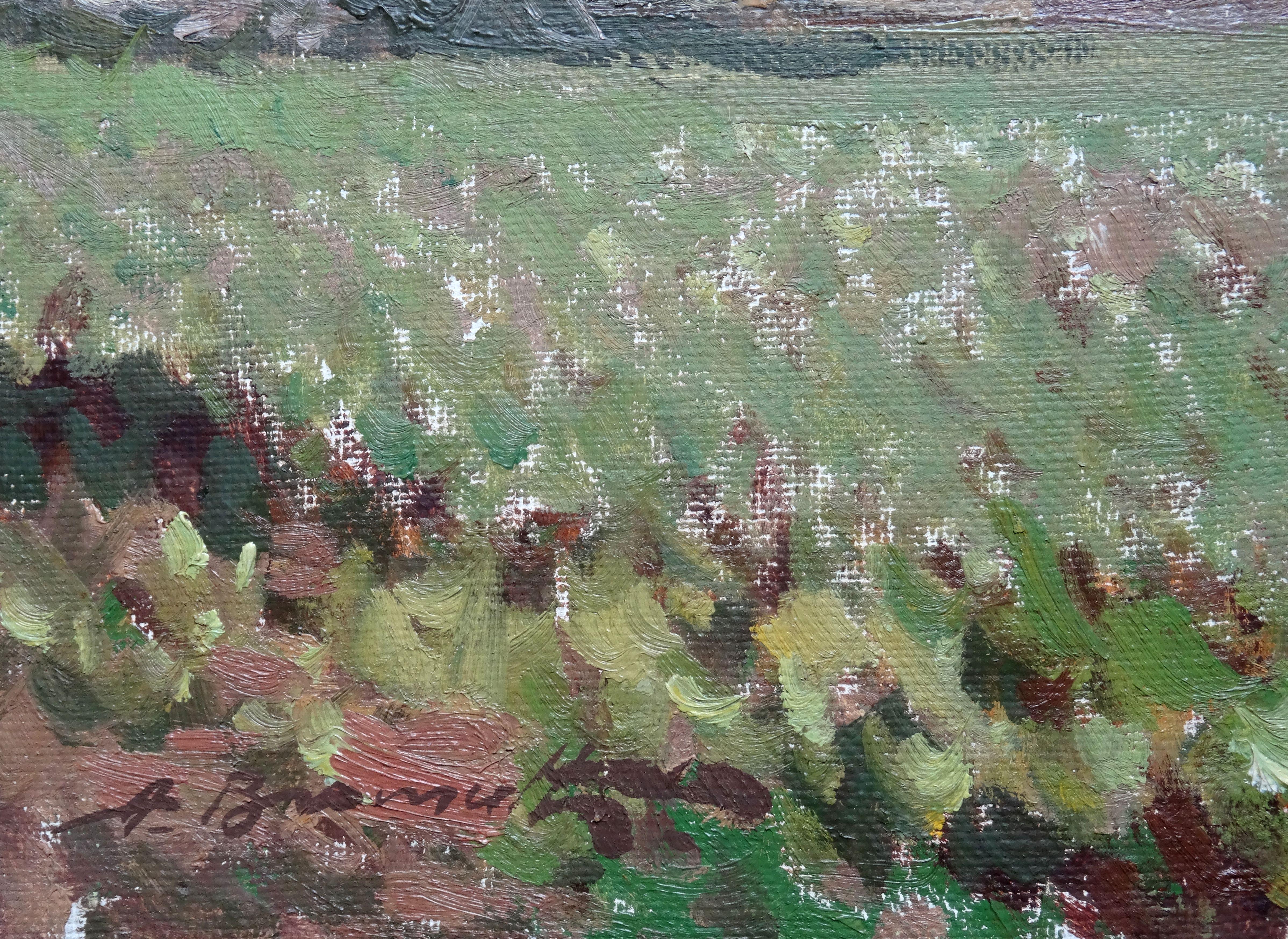 Landscape with haystacks. 1979. Oil on canvas and cardboard, 40x50 cm - Art by Alfejs Bromults