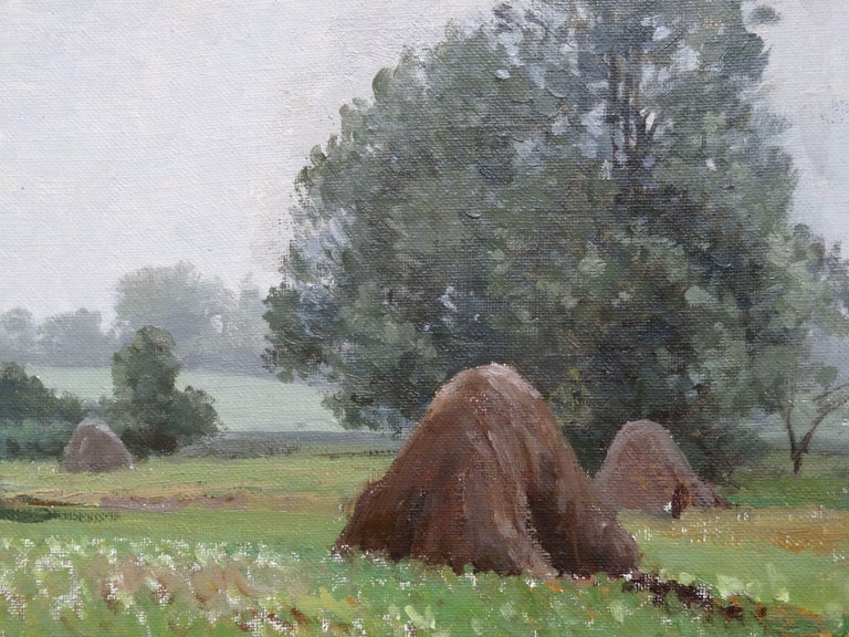 Landscape with haystacks. 1979. Oil on canvas and cardboard, 40x50 cm - Realist Art by Alfejs Bromults