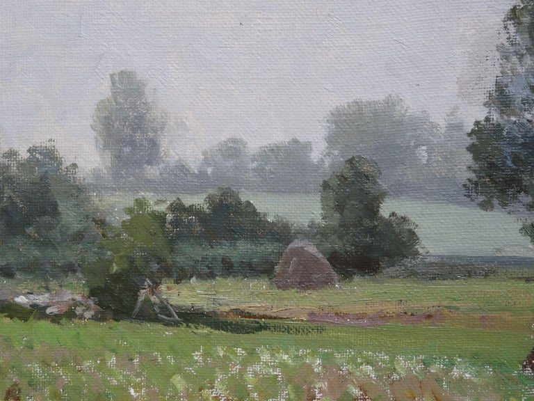 Landscape with haystacks. 1979. Oil on canvas and cardboard, 40x50 cm - Gray Landscape Art by Alfejs Bromults