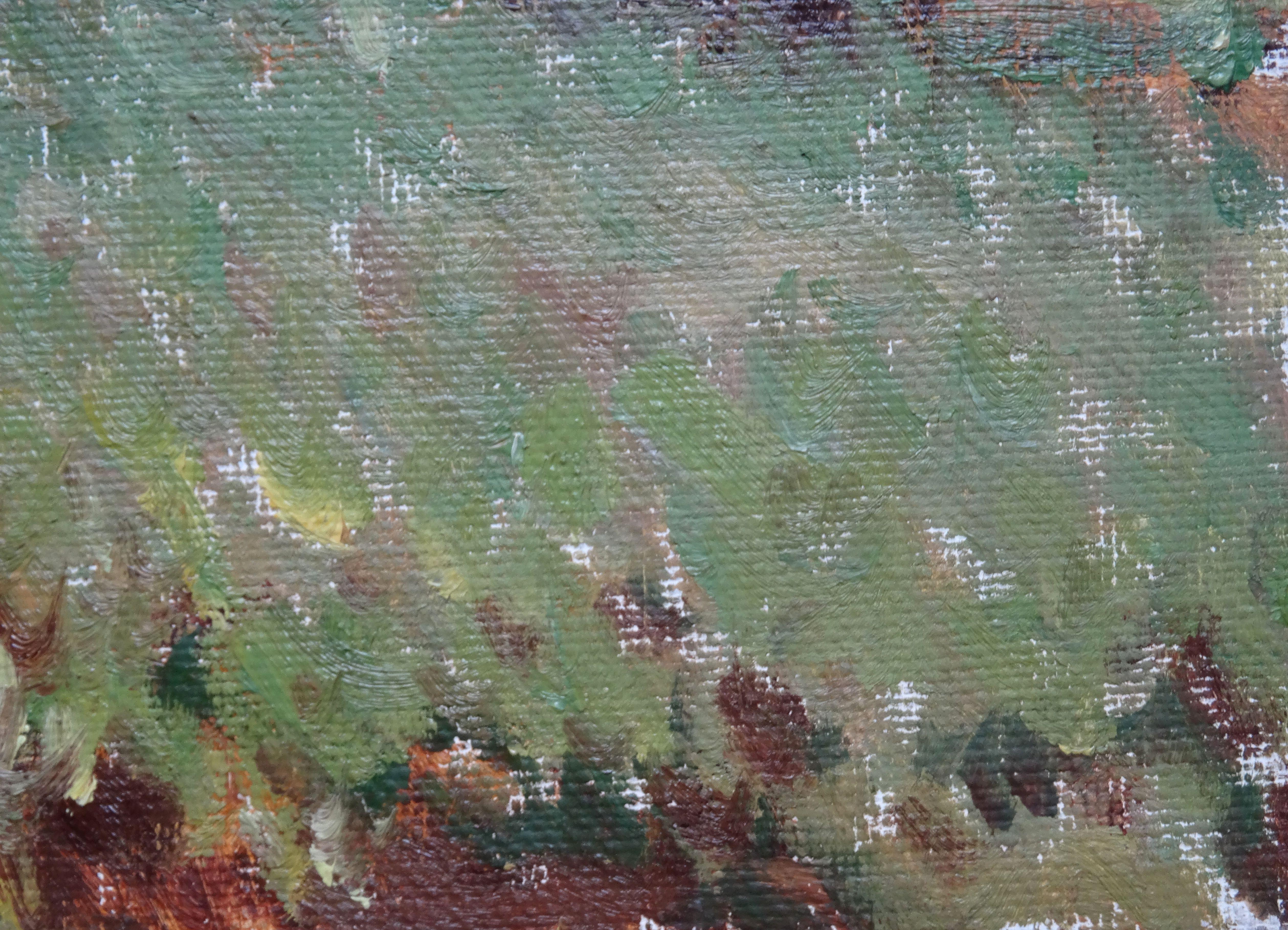 Landscape with haystacks. 1979. Oil on canvas and cardboard, 40x50 cm - Realist Art by Alfejs Bromults
