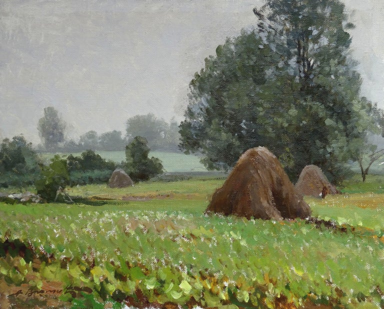 Alfejs Bromults Landscape Art - Landscape with haystacks. 1979. Oil on canvas and cardboard, 40x50 cm